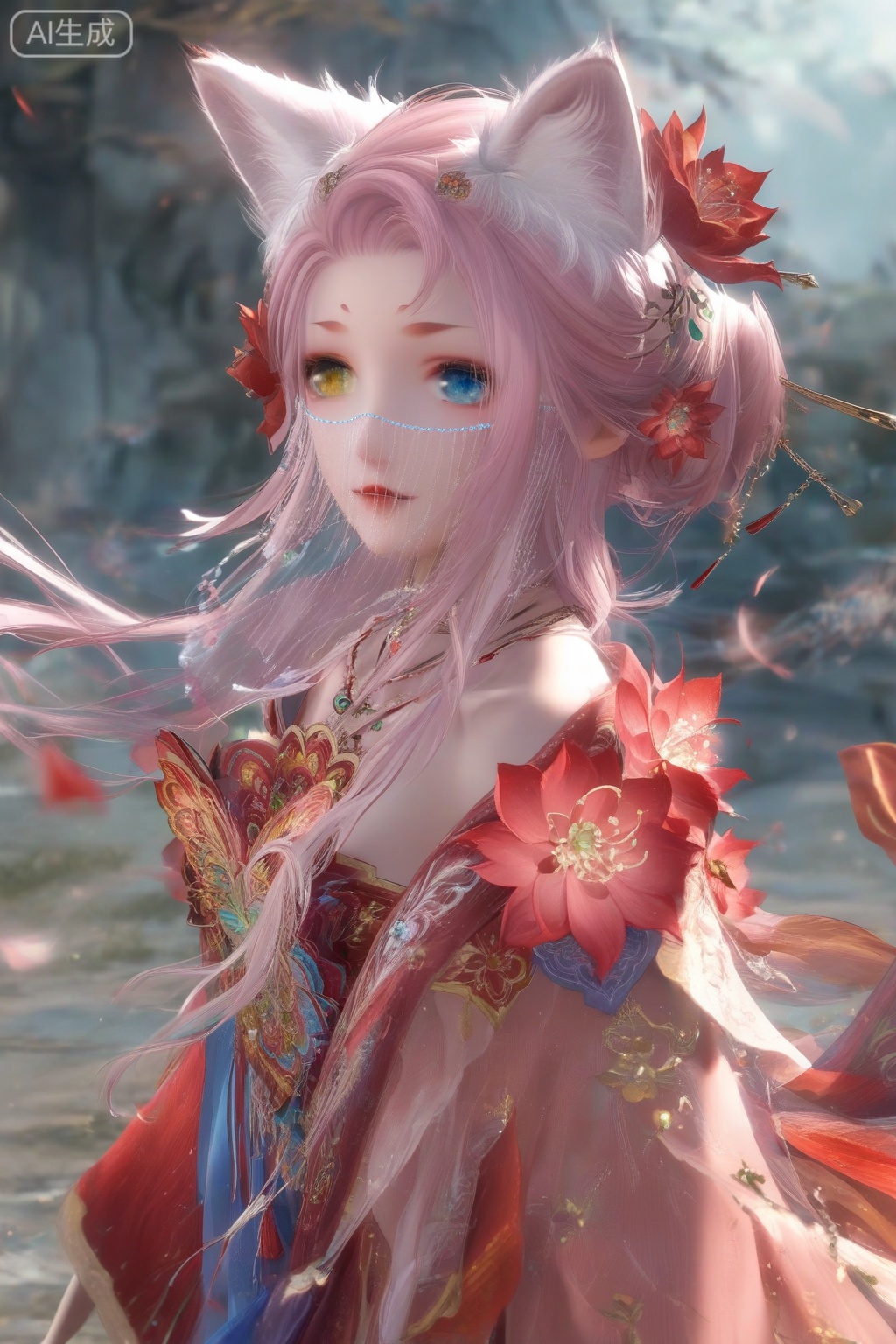 masterpiece, best quality, masterpiece,best quality,official art,extremely detailed CG unity 8k wallpaper,1girl,solo,looking at viewer,long hair,blue eyes,hair ornament,animal ears,bare shoulders,wide sleeves,jewelry,yellow eyes,pink hair,flower,parted lips,hair flower,necklace,animal ear fluff,see-through,fox ears,heterochromia,facial mark,veil,facing viewer,faceoff,wind,maple leaf,