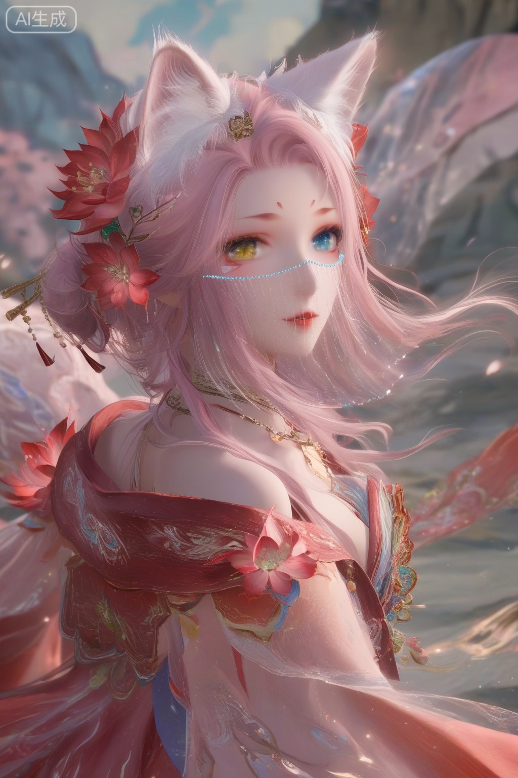 masterpiece, best quality, masterpiece,best quality,official art,extremely detailed CG unity 8k wallpaper,1girl,solo,looking at viewer,long hair,blue eyes,hair ornament,animal ears,bare shoulders,wide sleeves,jewelry,yellow eyes,pink hair,flower,parted lips,hair flower,necklace,animal ear fluff,see-through,fox ears,heterochromia,facial mark,veil,facing viewer,faceoff,wind,maple leaf,