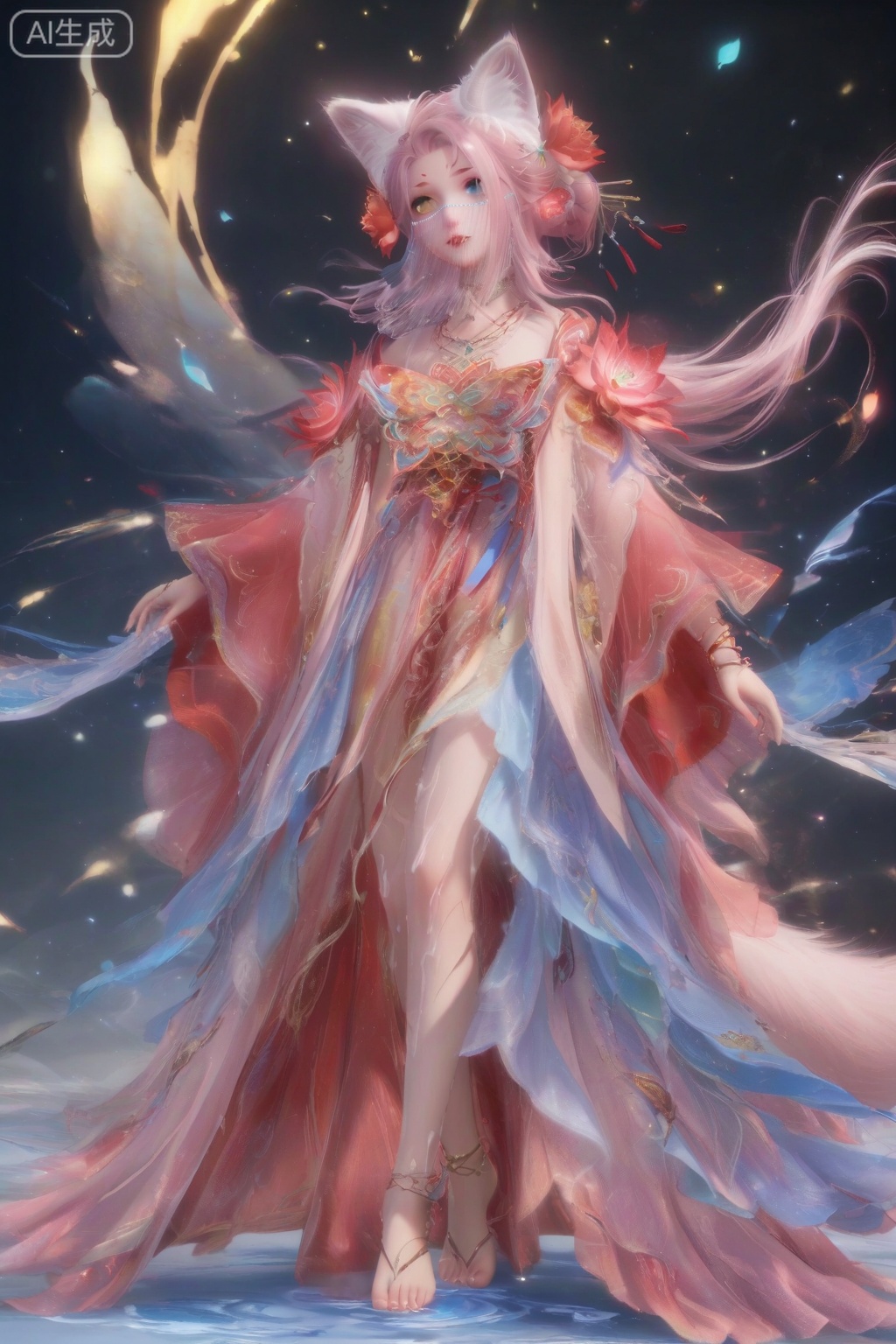 masterpiece, best quality, masterpiece,best quality,official art,extremely detailed CG unity 8k wallpaper,1girl,solo,looking at viewer,long hair,blue eyes,hair ornament,animal ears,bare shoulders,wide sleeves,jewelry,yellow eyes,pink hair,flower,parted lips,hair flower,necklace,animal ear fluff,see-through,fox ears,heterochromia,facial mark,veil,facing viewer,faceoff,(full body:1.2),wrist,hands,barefoot,delicate feet,dainty feet,walking on liquid,White and blue theme,white background,legs,wind,maple leaf,hands,(wrists:1.3),fingers,beckoning,bracelet,Show one's hands