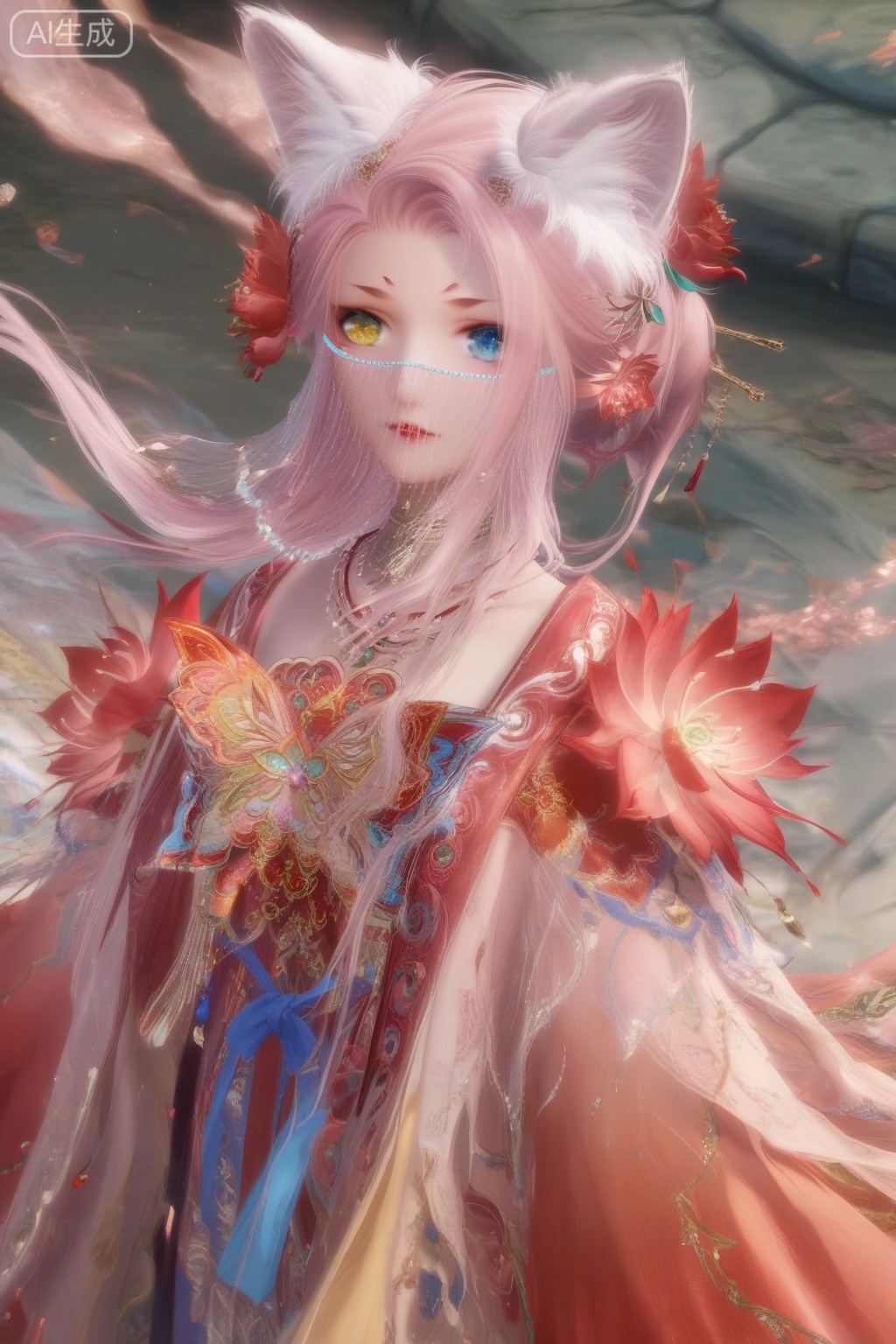 masterpiece, best quality, masterpiece,best quality,official art,extremely detailed CG unity 8k wallpaper,1girl,solo,looking at viewer,long hair,blue eyes,hair ornament,animal ears,bare shoulders,wide sleeves,jewelry,yellow eyes,pink hair,flower,parted lips,hair flower,necklace,animal ear fluff,see-through,fox ears,heterochromia,facial mark,veil,facing viewer,faceoff,wind,maple leaf,