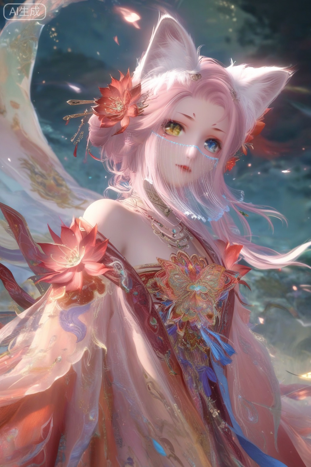 masterpiece, best quality, masterpiece,best quality,official art,extremely detailed CG unity 8k wallpaper,1girl,solo,looking at viewer,long hair,blue eyes,hair ornament,animal ears,bare shoulders,wide sleeves,jewelry,yellow eyes,pink hair,flower,parted lips,hair flower,necklace,animal ear fluff,see-through,fox ears,heterochromia,facial mark,veil,facing viewer,faceoff,wind,maple leaf,