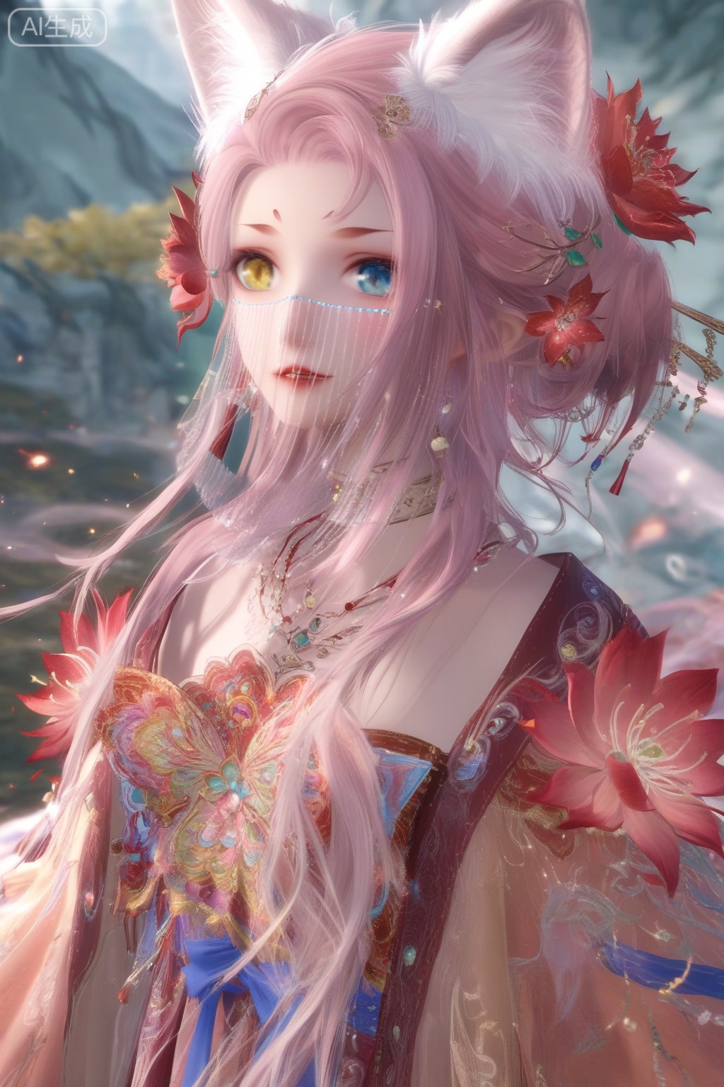 masterpiece, best quality, masterpiece,best quality,official art,extremely detailed CG unity 8k wallpaper,1girl,solo,looking at viewer,long hair,blue eyes,hair ornament,animal ears,bare shoulders,wide sleeves,jewelry,yellow eyes,pink hair,flower,parted lips,hair flower,necklace,animal ear fluff,see-through,fox ears,heterochromia,facial mark,veil,facing viewer,faceoff,wind,maple leaf,