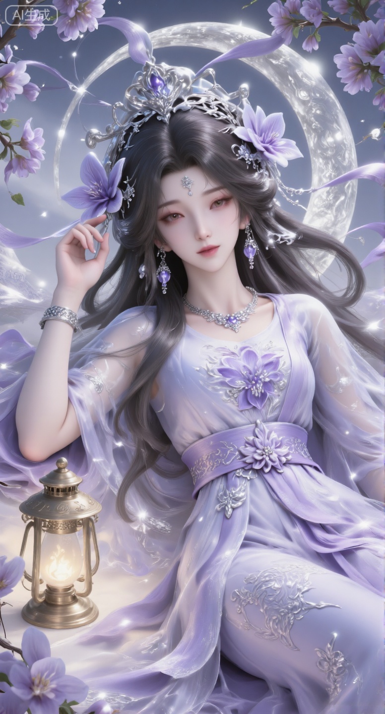 This painting depicts a quiet and ethereal scene, in which a young woman dressed in traditional East Asian costumes lies quietly in the blooming white flowers. Her flowing long hair is decorated with exquisite floral ornaments, and she seems to be in a state of deep relaxation or meditation. Next to her, there is a lighted lantern, which casts a warm light and enhances the quiet atmosphere. The background is dreamy light purple, which creates a harmonious integration of nature and human existence. Soft lighting and soft colors give people a sense of tranquility and beauty. open one's eyes,Girl, hair band, white imperial tiara, tiara, high-definition goddess, crescent back decoration, big crescent connected to dress, ancient costume, forehead mark, earrings, tassels, hair accessories, female emperor, light purple ancient costume, ribbon, necklace, long hair, black hair, belt.