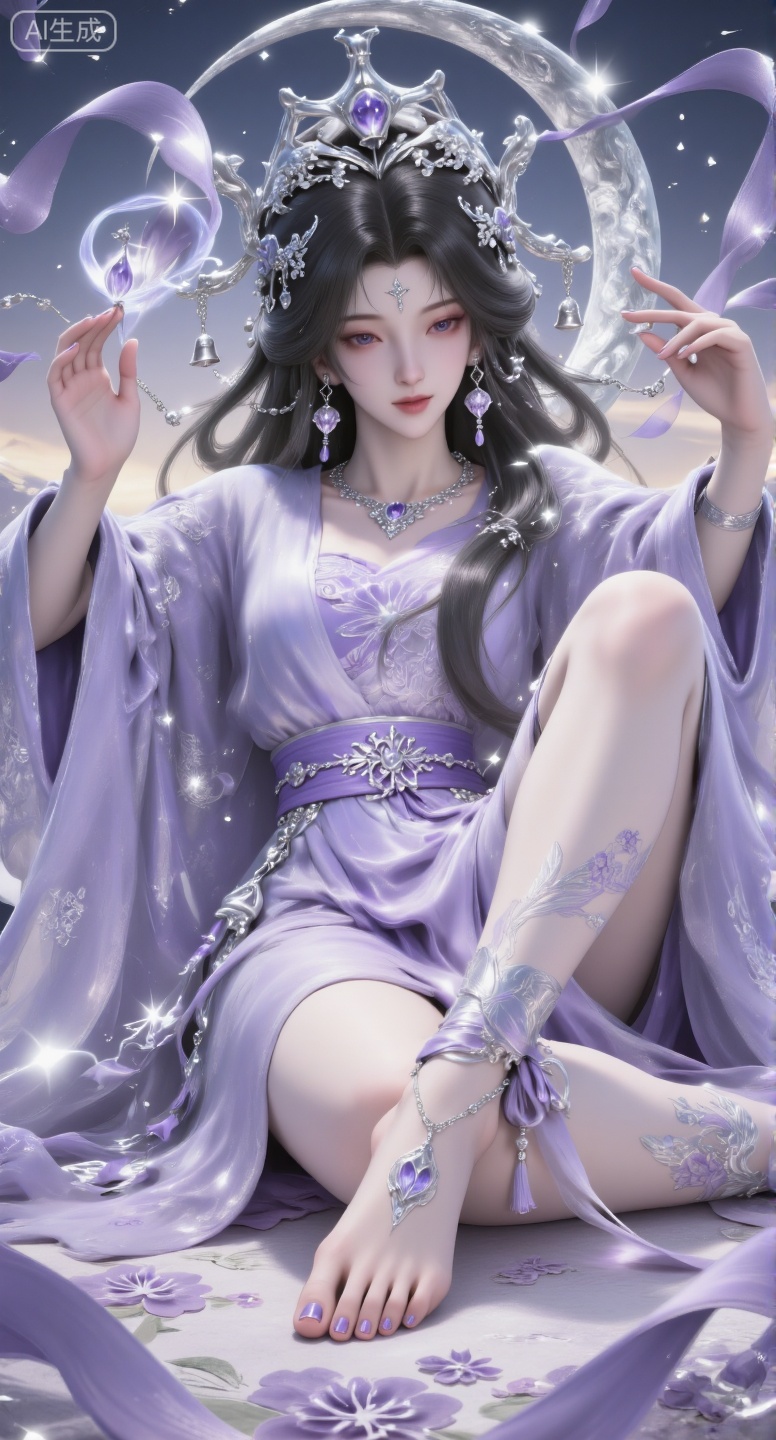 A lady with dark hair is sitting on the carpet, wearing a delicate headdress and a light purple dress with a pattern of stars, ankles, moon, stars, bells, bells and tassels. There is lavender nail polish on her ankle, partly in the arterial sky and partly in the attraction of a foot. Between * * * * and shoes, she raised her legs and feet to show the camera. She held her legs in her hands.Girl, hair band, white imperial tiara, tiara, high-definition goddess, crescent back decoration, big crescent connected to dress, ancient costume, forehead mark, earrings, tassels, hair accessories, female emperor, light purple ancient costume, ribbon, necklace, long hair, black hair, belt.