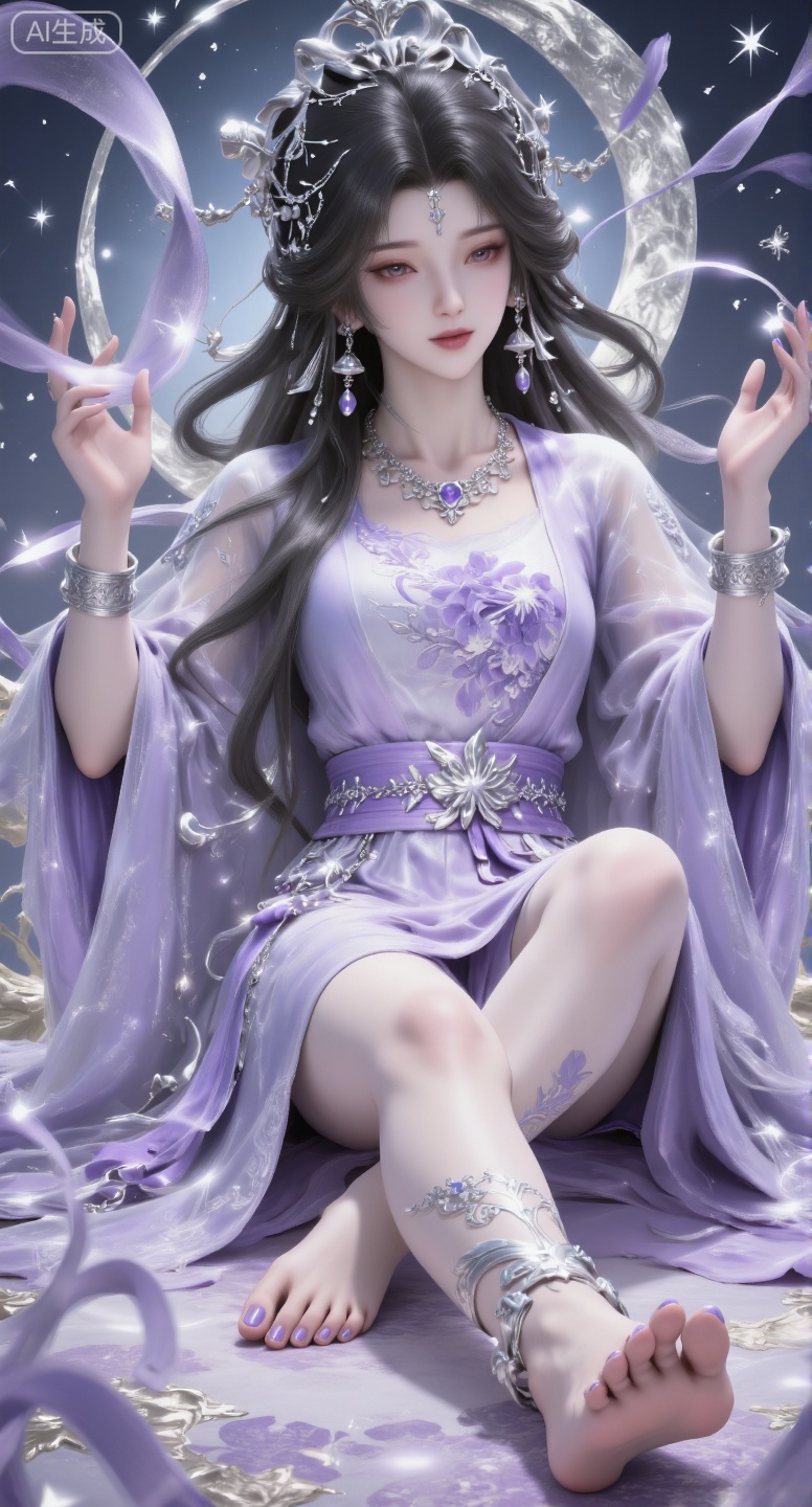 A lady with dark hair is sitting on the carpet, wearing a delicate headdress and a light purple dress with a pattern of stars, ankles, moon, stars, bells, bells and tassels. There is lavender nail polish on her ankle, partly in the arterial sky and partly in the attraction of a foot. Between * * * * and shoes, she raised her legs and feet to show the camera. She held her legs in her hands.Girl, hair band, white imperial tiara, tiara, high-definition goddess, crescent back decoration, big crescent connected to dress, ancient costume, forehead mark, earrings, tassels, hair accessories, female emperor, light purple ancient costume, ribbon, necklace, long hair, black hair, belt.