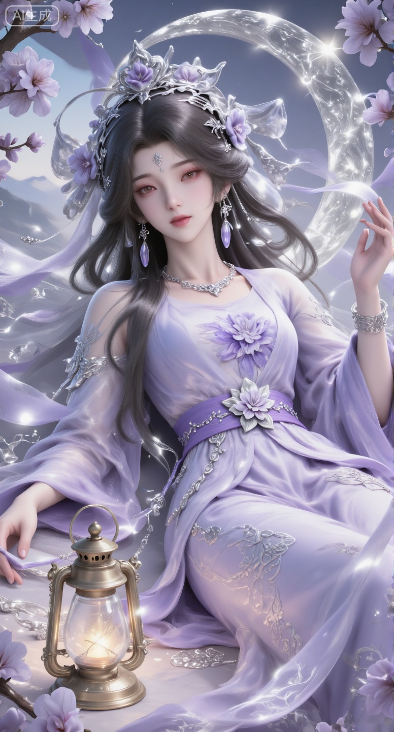 This painting depicts a quiet and ethereal scene, in which a young woman dressed in traditional East Asian costumes lies quietly in the blooming white flowers. Her flowing long hair is decorated with exquisite floral ornaments, and she seems to be in a state of deep relaxation or meditation. Next to her, there is a lighted lantern, which casts a warm light and enhances the quiet atmosphere. The background is dreamy light purple, which creates a harmonious integration of nature and human existence. Soft lighting and soft colors give people a sense of tranquility and beauty. open one's eyes,Girl, hair band, white imperial tiara, tiara, high-definition goddess, crescent back decoration, big crescent connected to dress, ancient costume, forehead mark, earrings, tassels, hair accessories, female emperor, light purple ancient costume, ribbon, necklace, long hair, black hair, belt.