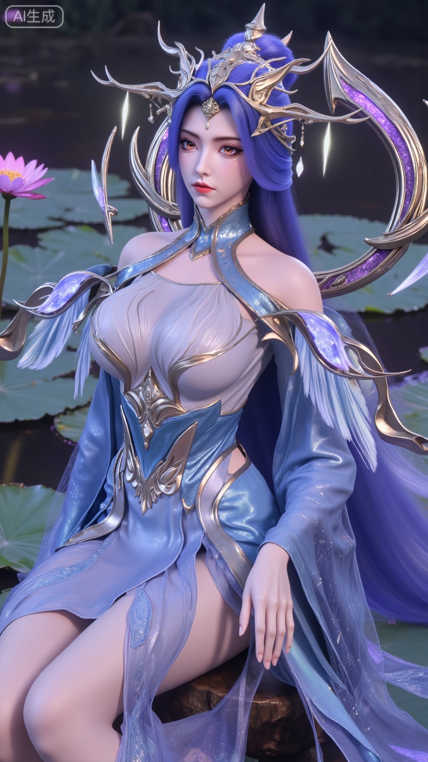 (masterpiece, best quality:1.2),1girl,long hair,flower,blue hair,lily pad,solo,dress,red eyes,sitting,breasts,horns,bare shoulders,lotus,blue dress,water,looking at viewer,medium breasts,pointy ears,detached sleeves,collarbone,cleavage,pink flower,monster girl,,(huge breasts:2.99),(full breasts:2.99),,XbaifengsongyuYH,Xbigbreasts,Xyehuiling,XtangwutongXnb,Xyinyangjiaoshengnv,XmupeilingHongyi,XsiyouyouYH,XkejinnvdiHY