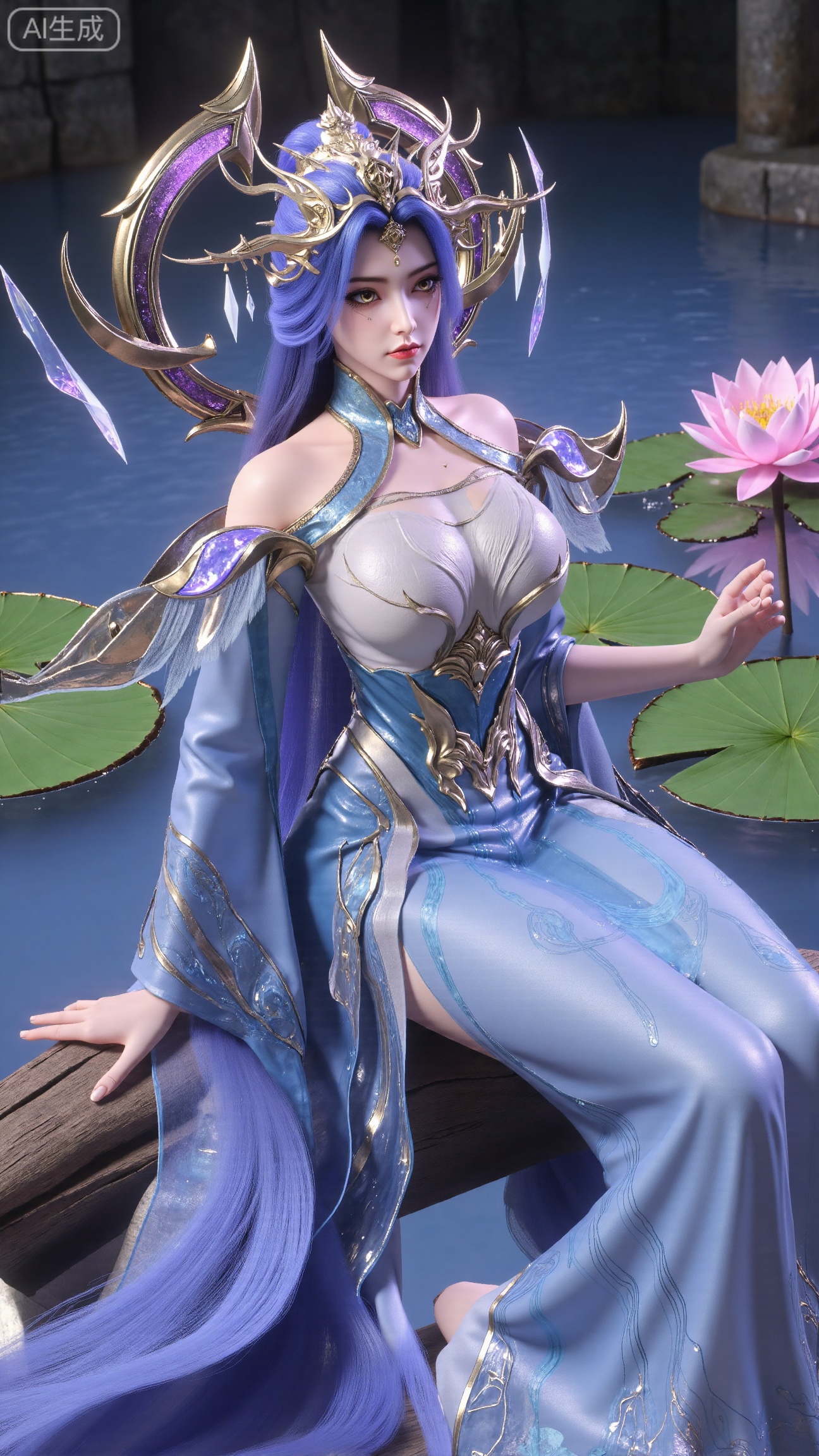 (masterpiece, best quality:1.2),1girl,long hair,flower,blue hair,lily pad,solo,dress,red eyes,sitting,breasts,horns,bare shoulders,lotus,blue dress,water,looking at viewer,medium breasts,pointy ears,detached sleeves,collarbone,cleavage,pink flower,monster girl,,(huge breasts:2.99),(full breasts:2.99),,XbaifengsongyuYH,Xbigbreasts,Xyehuiling,XtangwutongXnb,Xyinyangjiaoshengnv,XmupeilingHongyi,XsiyouyouYH,XkejinnvdiHY