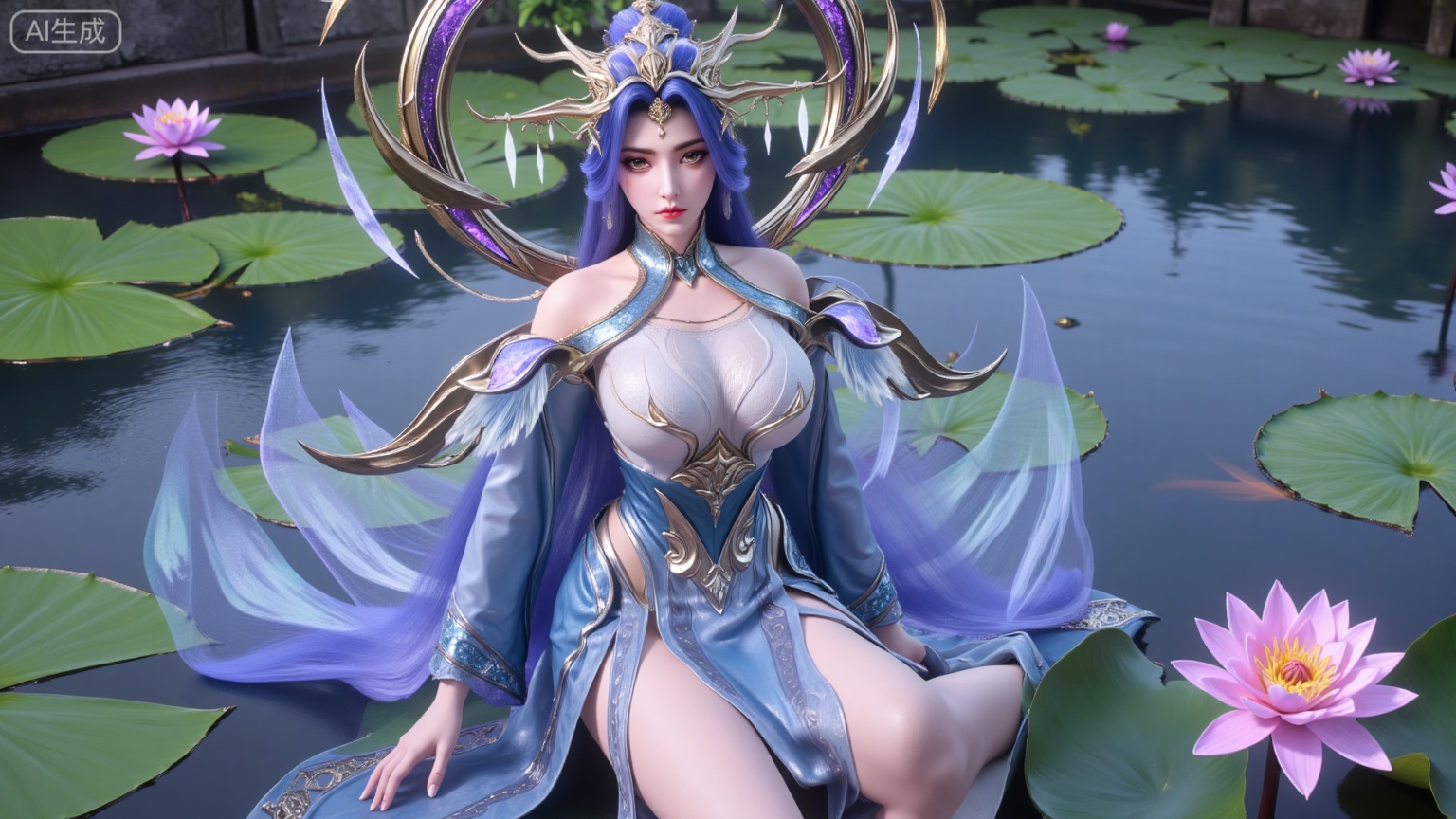 (masterpiece, best quality:1.2),1girl,long hair,flower,blue hair,lily pad,solo,dress,red eyes,sitting,breasts,horns,bare shoulders,lotus,blue dress,water,looking at viewer,medium breasts,pointy ears,detached sleeves,collarbone,cleavage,pink flower,monster girl,,(huge breasts:2.99),(full breasts:2.99),,XbaifengsongyuYH,Xbigbreasts,Xyehuiling,XtangwutongXnb,Xyinyangjiaoshengnv,XmupeilingHongyi,XsiyouyouYH,XkejinnvdiHY