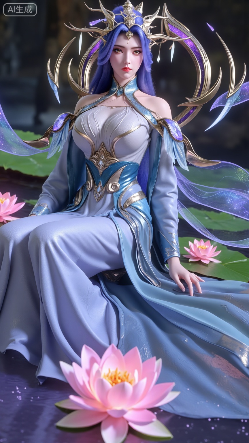 (masterpiece, best quality:1.2),1girl,long hair,flower,blue hair,lily pad,solo,dress,red eyes,sitting,breasts,horns,bare shoulders,lotus,blue dress,water,looking at viewer,medium breasts,pointy ears,detached sleeves,collarbone,cleavage,pink flower,monster girl,,(huge breasts:2.99),(full breasts:2.99),,XbaifengsongyuYH,Xbigbreasts,Xyehuiling,XtangwutongXnb,Xyinyangjiaoshengnv,XmupeilingHongyi,XsiyouyouYH,XkejinnvdiHY