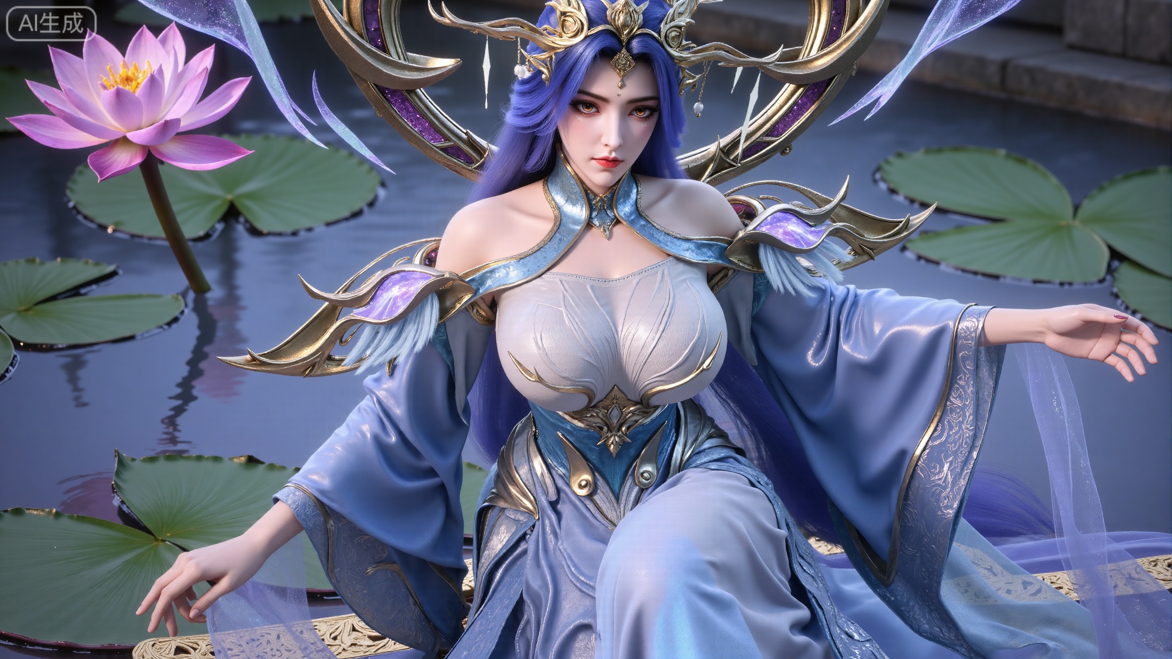 (masterpiece, best quality:1.2),1girl,long hair,flower,blue hair,lily pad,solo,dress,red eyes,sitting,breasts,horns,bare shoulders,lotus,blue dress,water,looking at viewer,medium breasts,pointy ears,detached sleeves,collarbone,cleavage,pink flower,monster girl,,(huge breasts:2.99),(full breasts:2.99),,XbaifengsongyuYH,Xbigbreasts,Xyehuiling,XtangwutongXnb,Xyinyangjiaoshengnv,XmupeilingHongyi,XsiyouyouYH,XkejinnvdiHY