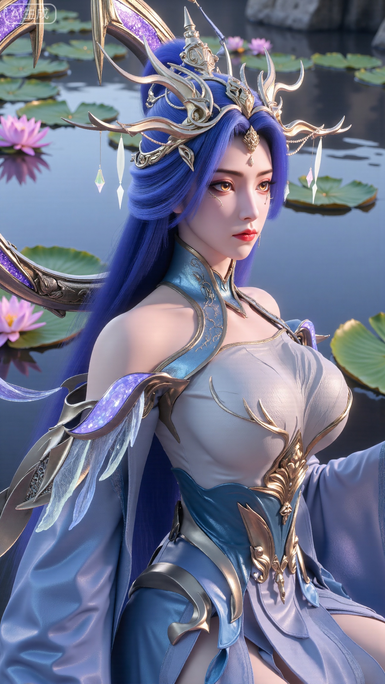 (masterpiece, best quality:1.2),1girl,long hair,flower,blue hair,lily pad,solo,dress,red eyes,sitting,breasts,horns,bare shoulders,lotus,blue dress,water,looking at viewer,medium breasts,pointy ears,detached sleeves,collarbone,cleavage,pink flower,monster girl,,(huge breasts:2.99),(full breasts:2.99),,XbaifengsongyuYH,Xbigbreasts,Xyehuiling,XtangwutongXnb,Xyinyangjiaoshengnv,XmupeilingHongyi,XsiyouyouYH,XkejinnvdiHY