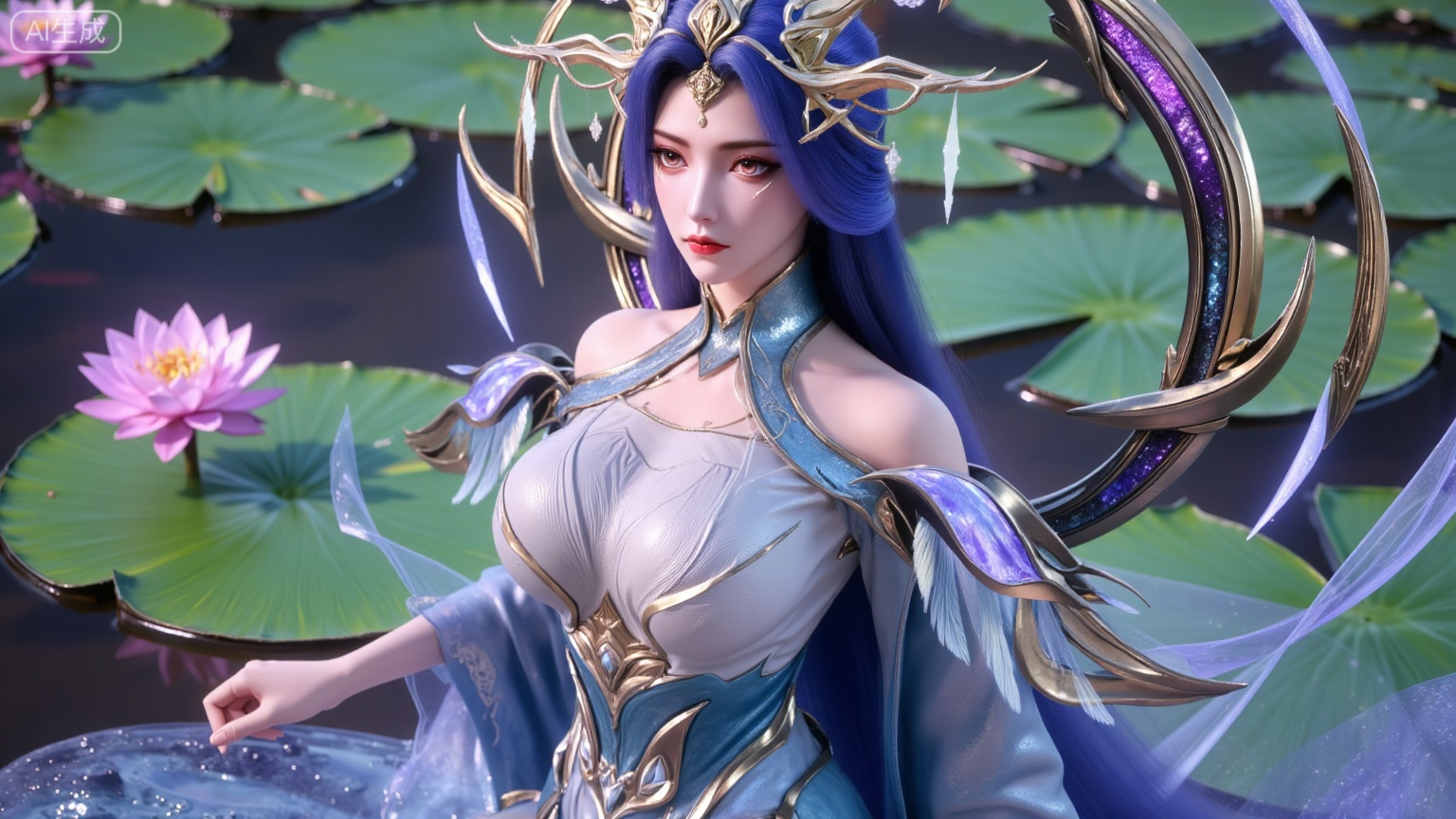 (masterpiece, best quality:1.2),1girl,long hair,flower,blue hair,lily pad,solo,dress,red eyes,sitting,breasts,horns,bare shoulders,lotus,blue dress,water,looking at viewer,medium breasts,pointy ears,detached sleeves,collarbone,cleavage,pink flower,monster girl,,(huge breasts:2.99),(full breasts:2.99),,XbaifengsongyuYH,Xbigbreasts,Xyehuiling,XtangwutongXnb,Xyinyangjiaoshengnv,XmupeilingHongyi,XsiyouyouYH,XkejinnvdiHY