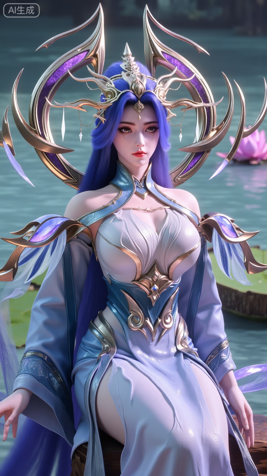 (masterpiece, best quality:1.2),1girl,long hair,flower,blue hair,lily pad,solo,dress,red eyes,sitting,breasts,horns,bare shoulders,lotus,blue dress,water,looking at viewer,medium breasts,pointy ears,detached sleeves,collarbone,cleavage,pink flower,monster girl,,(huge breasts:2.99),(full breasts:2.99),,XbaifengsongyuYH,Xbigbreasts,Xyehuiling,XtangwutongXnb,Xyinyangjiaoshengnv,XmupeilingHongyi,XsiyouyouYH,XkejinnvdiHY