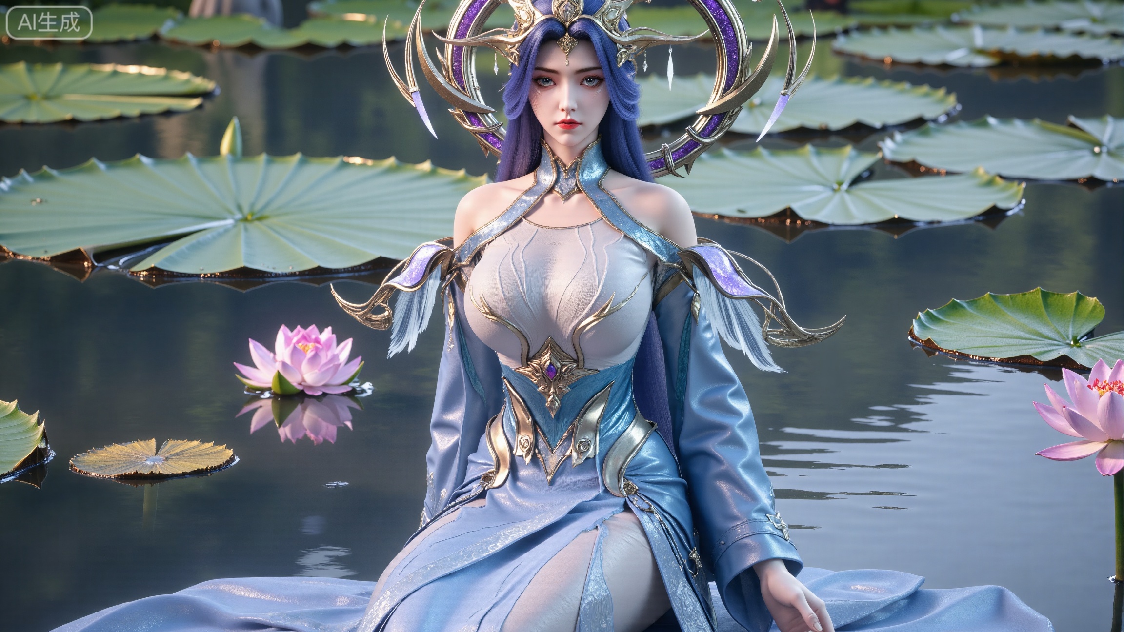 (masterpiece, best quality:1.2),1girl,long hair,flower,blue hair,lily pad,solo,dress,red eyes,sitting,breasts,horns,bare shoulders,lotus,blue dress,water,looking at viewer,medium breasts,pointy ears,detached sleeves,collarbone,cleavage,pink flower,monster girl,,(huge breasts:2.99),(full breasts:2.99),,XbaifengsongyuYH,Xbigbreasts,Xyehuiling,XtangwutongXnb,Xyinyangjiaoshengnv,XmupeilingHongyi,XsiyouyouYH,XkejinnvdiHY