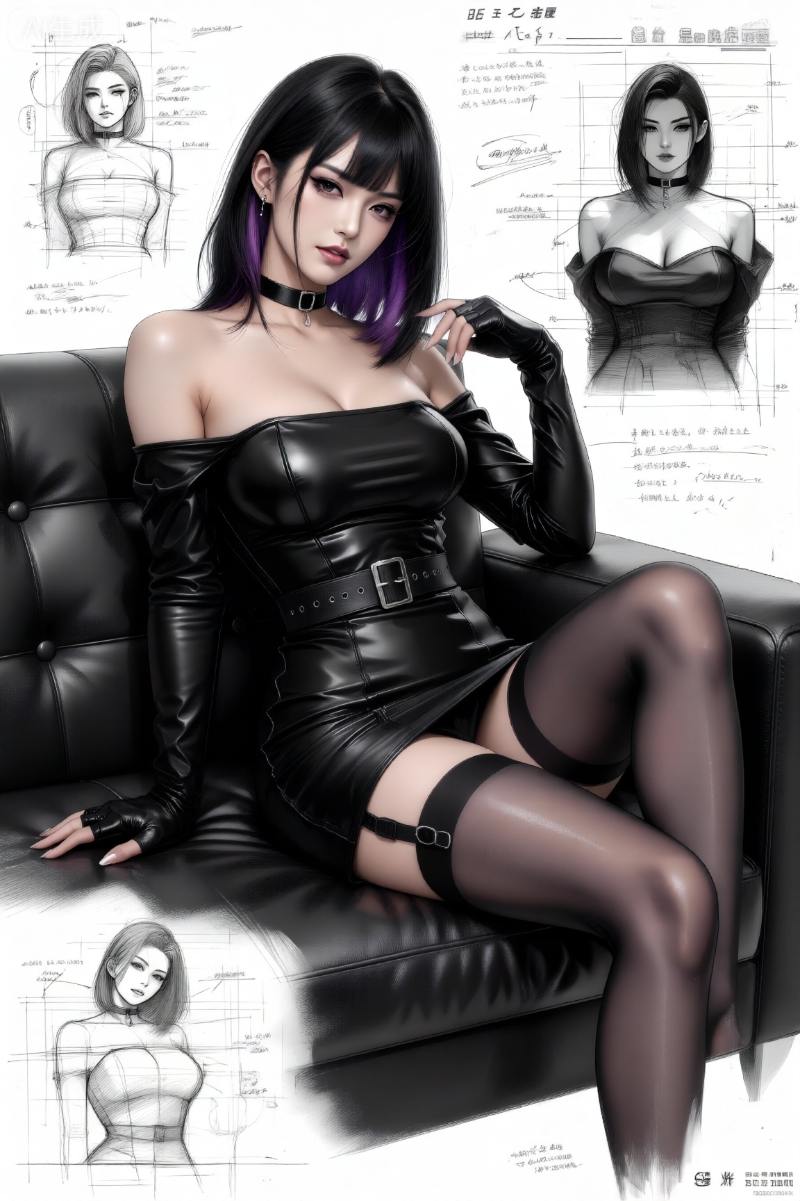 一张展现时尚酷感风格的人物插画,  画面中的女性尽显性感与精致。她有着黑色长发,  发尾带有紫色挑染 on Tensor.Art