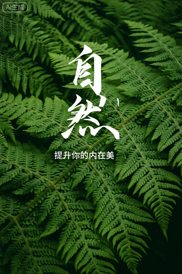 poster,4k,
一幅画面中,翠绿的蕨类叶片紧密排列成繁茂自然的背景,每片叶子细节精致,羽片状叶丛向外伸展。前景有白色的“自然”二字格外醒目,下方还有一行小字“提升你的内在美”。文字在画面上方,整体画面将自然的生机与中文所传达的美好寓意完美融合。 
