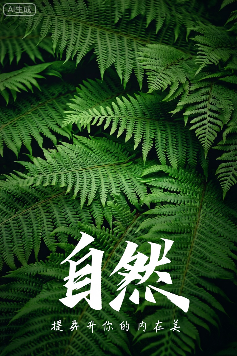 poster,4k,
一幅画面中,翠绿的蕨类叶片紧密排列成繁茂自然的背景,每片叶子细节精致,羽片状叶丛向外伸展。前景有白色的“自然”二字格外醒目,下方还有一行小字“提升你的内在美”。整体画面将自然的生机与中文所传达的美好寓意完美融合。 
