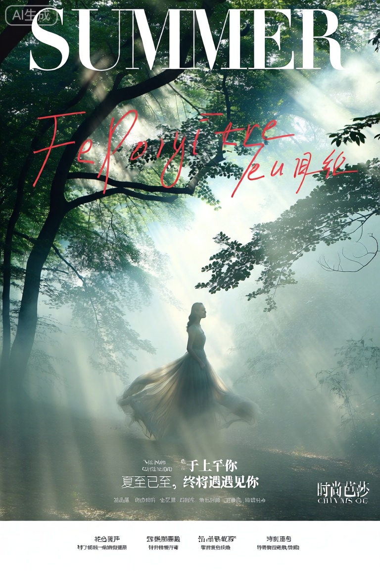 poster,4k,
画面以夏日森林为背景,雾气弥漫,阳光透过枝叶洒落。一位身着飘逸长裙的女子立于其中,朦胧而优雅。画面上方用白色粗体写着“ SUMMER”,下方有“夏至已至,终将遇见你”的红色中文。底部是杂志相关特色内容小字,右下角是“时尚芭莎”的白色标志。 
