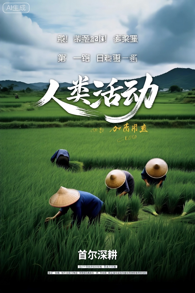 poster,4k,
画面呈现宁静乡村,广袤翠绿稻田延至天边。前景三位戴传统斗笠者着深色衣劳作。天空多云,远处有山丘。画面中心以醒目的中文“人类活动”大字凸显主题,底部标注“首尔深耕”,整体展现自然美与人力结合。 
