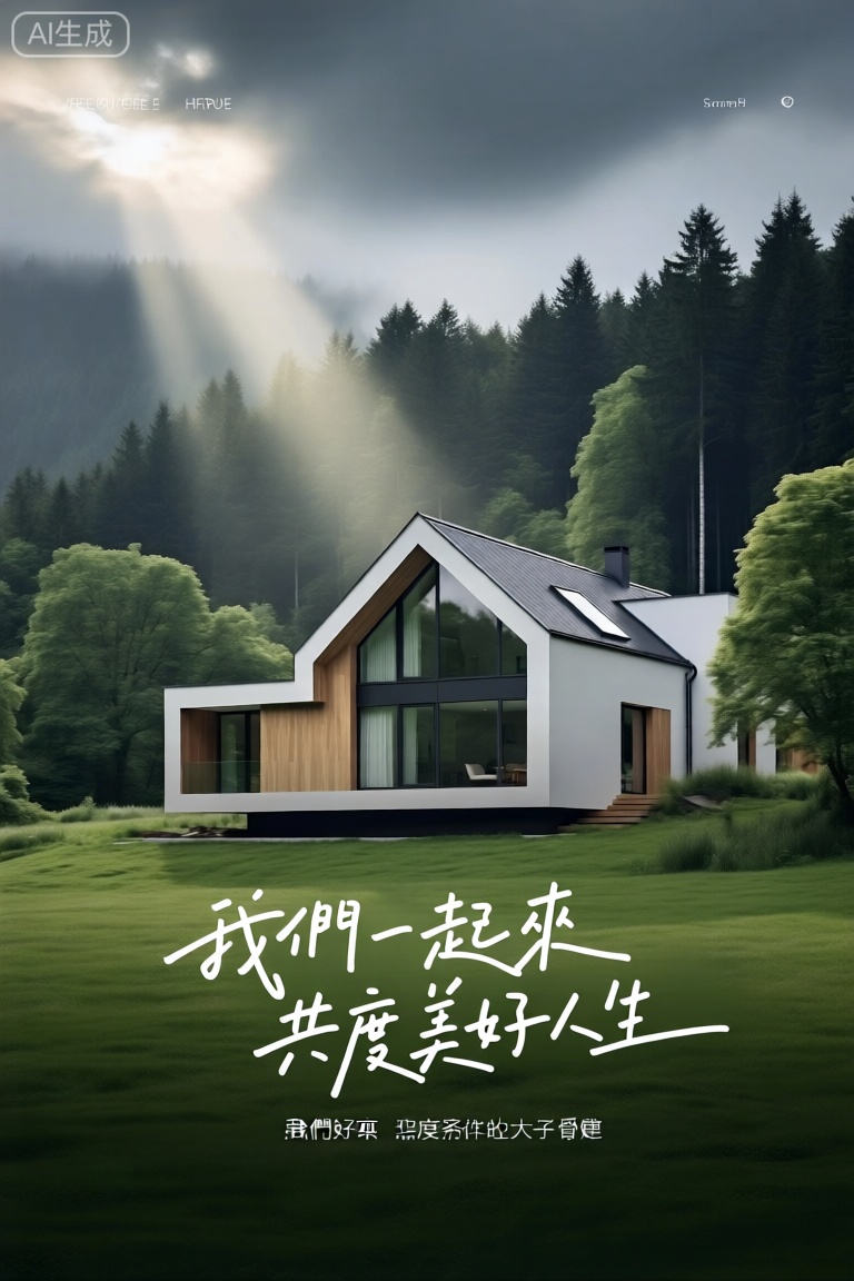 poster,4k,
现代化简约房屋坐落于葱郁绿野,大窗斜顶尽显时尚。屋后茂密森林,高大树木林立。阴沉天空中一道阳光穿透云层,洒下柔和光芒。画面上有中文“我們一起來共度美好人生”,整体氛围宁静宜人,传递和谐欢乐之感。  