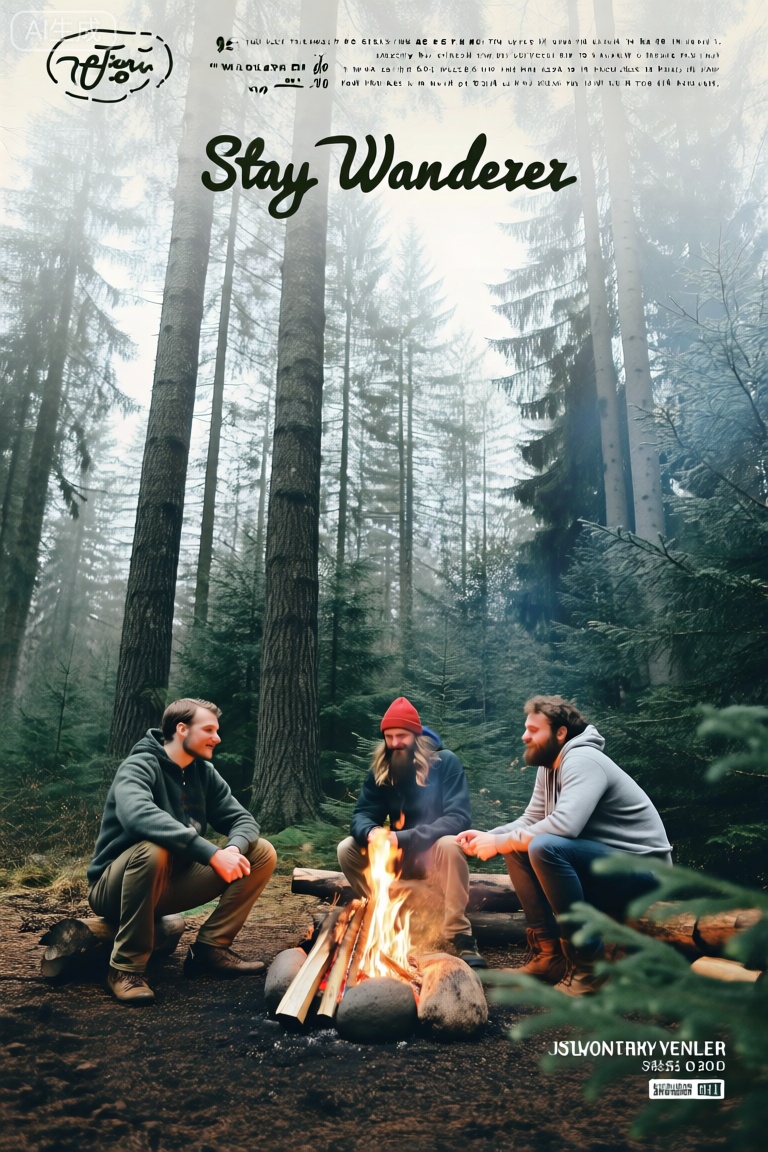 poster,4k,
画面呈现《Wanderer》海报场景,森林中三人围坐在篝火旁,一人戴红帽,一人穿灰卫衣。高大树木与薄雾营造宁静冒险氛围。海报顶部有“Stay Wanderer” 字样,旁有文字讲述生活故事,整体充满探索与连接之感。 
