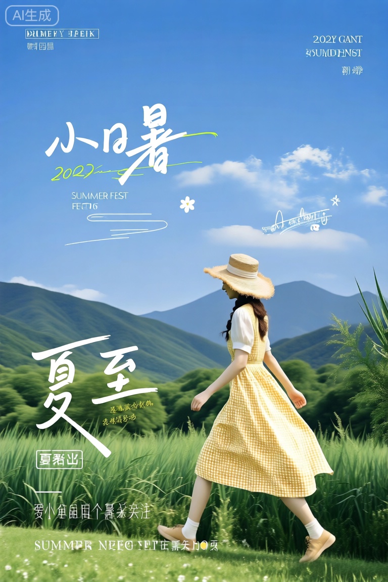 poster,4k,
画面中,一位身着黄色格纹裙、头戴草帽的女子漫步于葱郁绿野,远处是连绵青山,澄澈蓝天飘着几朵白云。画面融入“小暑”“夏至”等中文元素,下方还有“SUMMER FEST 2025”字样,整体营造出2025 年夏日小暑时节的宁静美好氛围。   