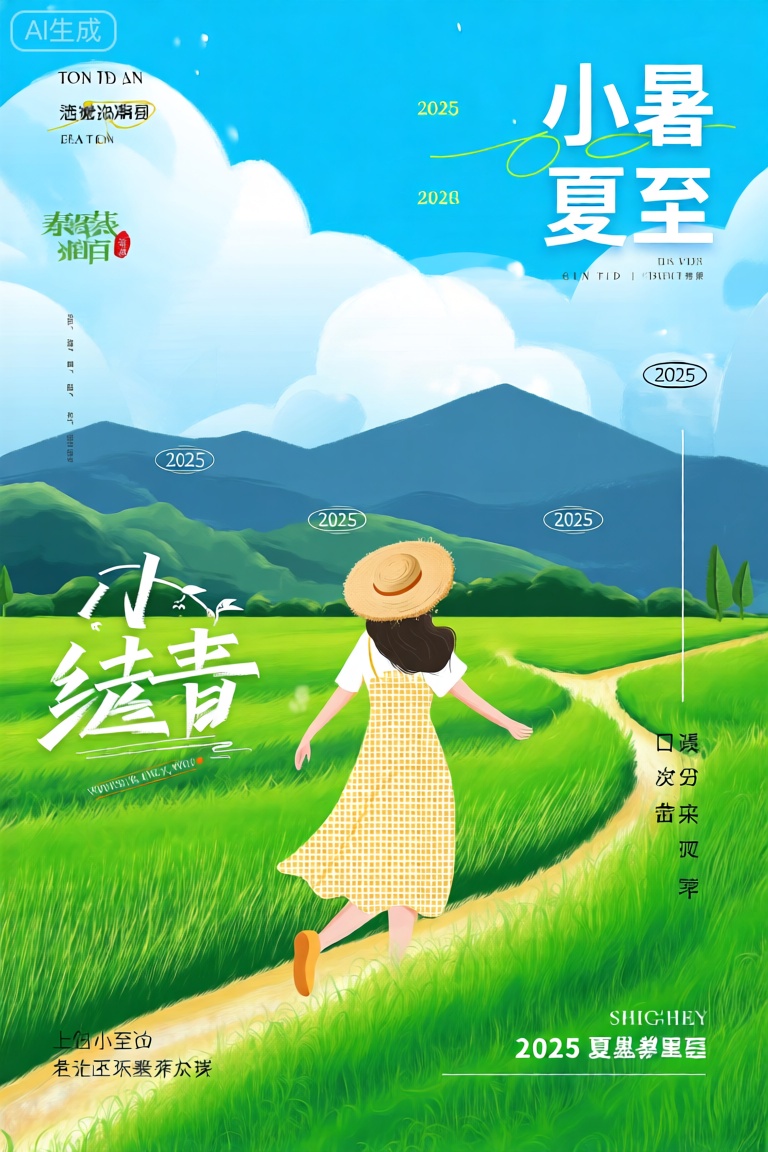 poster,4k,
一幅充满夏日气息的画面。一位身着黄色格纹裙、头戴草帽的女子漫步在葱郁绿田间,远处是连绵青山,湛蓝天空飘着云朵。画面中多处标注“2025”字样,还有“小暑”“夏至”等中文节气元素,洋溢着2025年夏日的宁静与美好。    