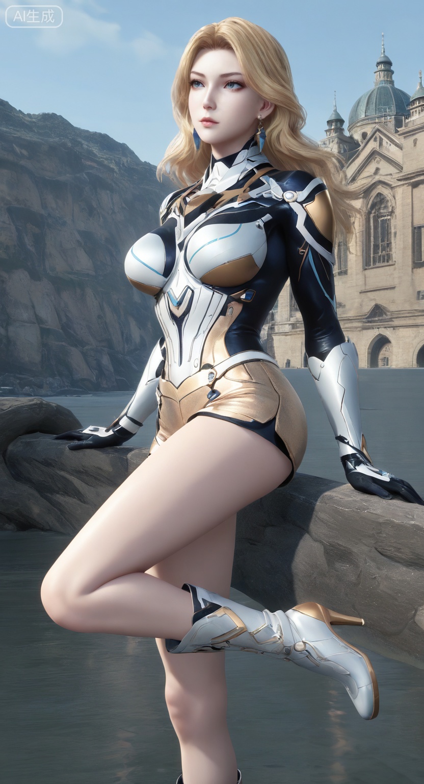 1girl, solo, long hair, breasts, blue eyes, blonde hair, jewelry, medium breasts, earrings, lips, bodysuit, high heel boots,blonde shorts,
3d \(artwork\),

Masterpiece, best quality, amazing quality, newest, very aesthetic, absurdres, (scenery:1.4), 8k, good anatomy, good shading, ultra detailed, refined details, high resolution, HD, masterwork,high detail ,Exquisite beauty, charming, 3D rendering,illustration,CG,long hair,Round face:1.4,realistic