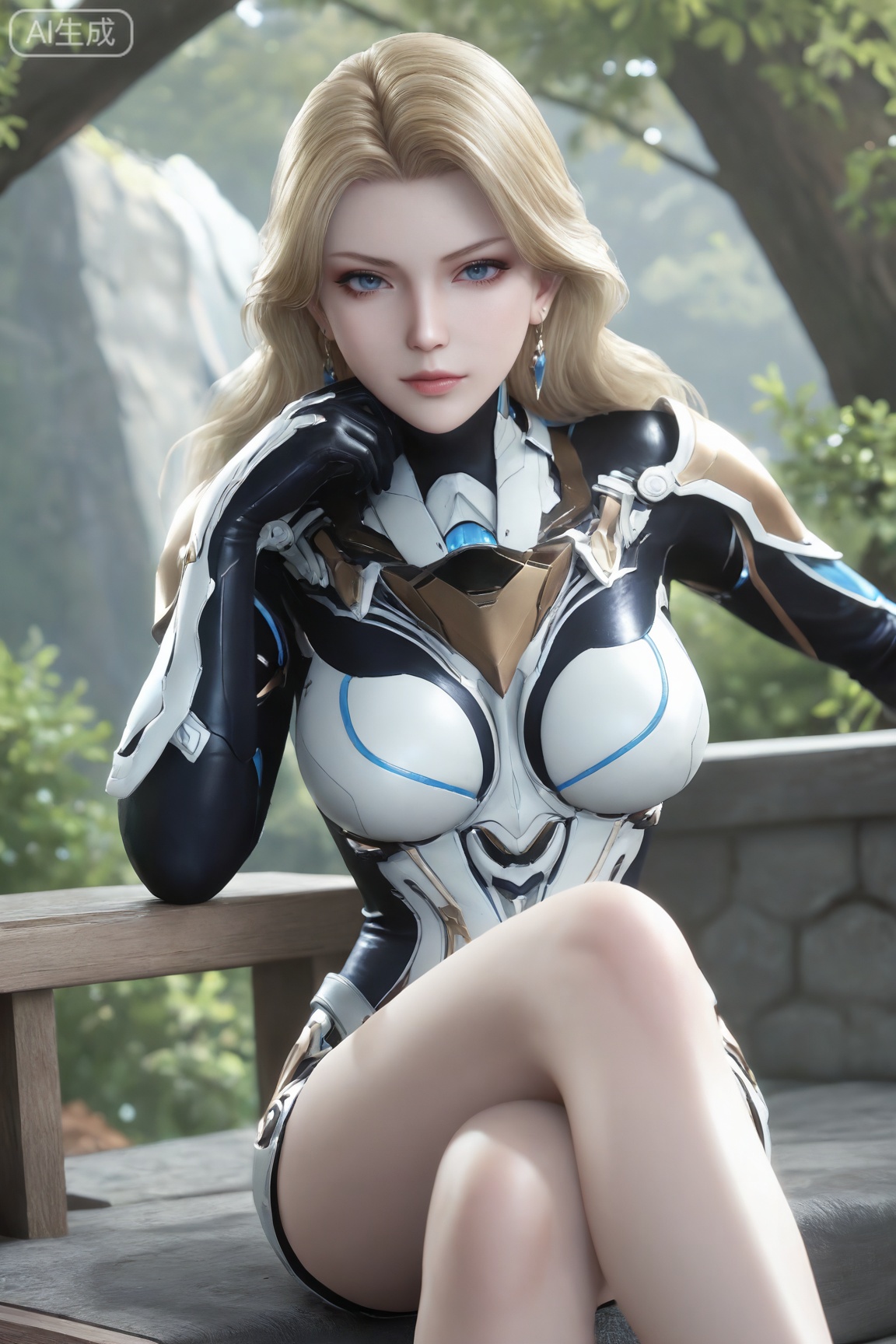 1girl, solo, long hair, breasts, looking at viewer, blue eyes, blonde hair, jewelry, sitting, earrings, lips, bodysuit, crossed legs, hand on own face, realistic, 
3d \(artwork\),

Masterpiece, best quality, amazing quality, newest, very aesthetic, absurdres, (scenery:1.4), 8k, good anatomy, good shading, ultra detailed, refined details, high resolution, HD, masterwork,high detail ,Exquisite beauty, charming, 3D rendering,illustration,CG,long hair,Round face:1.4,realistic