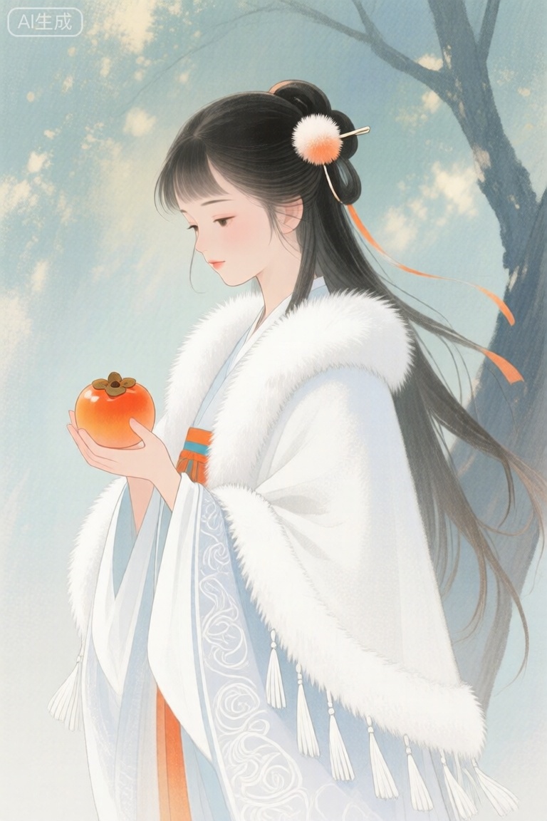 古风水粉,莫奈水彩,漫画手绘插画,氤氲,丁达尔效应,肌理感,色彩层次感,弥散渐变,色彩搭配。少女,白色暗纹汉服,貂毛流苏披肩。发夹毛球发饰,发间橘色渐变小花朵点缀,披发。手捧一个柿子。发丝飞舞,树影,裙摆微扬。垂眸