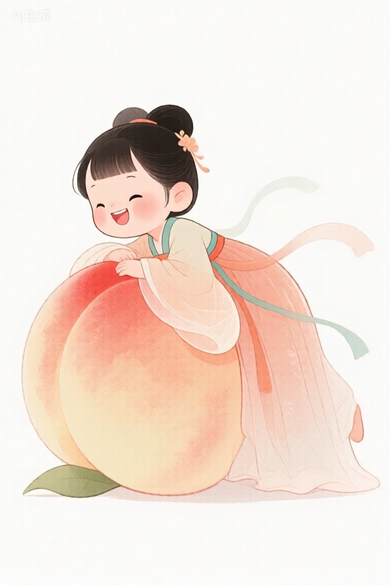 中国古风Q版卡通漫画风格,超级可爱古代小女孩,穿着广袖流仙裙,趴在一个巨大的水蜜桃上,正侧面照,仙气飘飘,人物小点儿,表情是开心俏皮的,半身照,整体和谐,水彩风格,幻,白色背景,配色和谐,暖色系水彩晕染,大面积留白