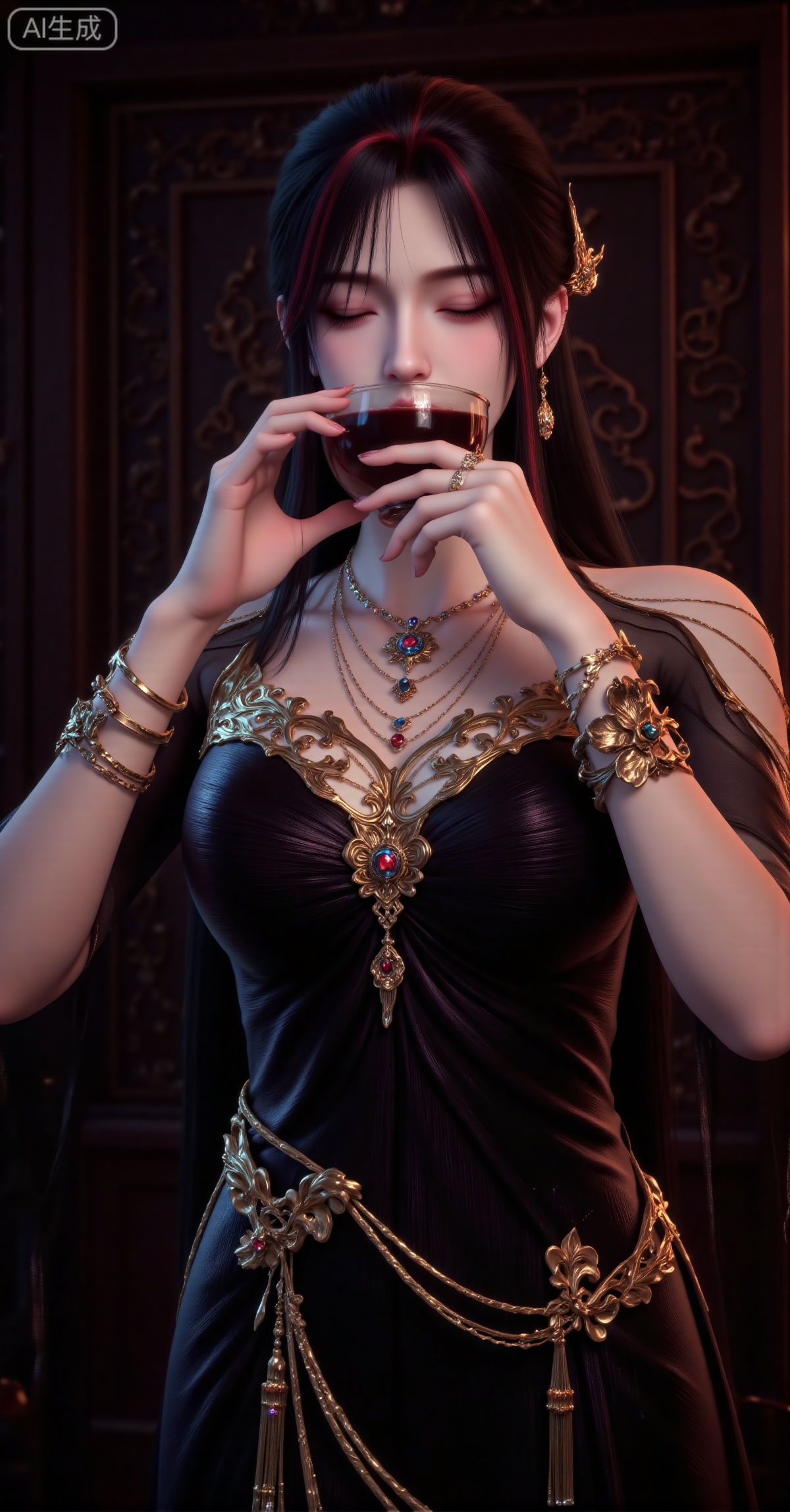 masterpiece, best quality, ultra-detailed, 8K, photorealistic, A stunningly beautiful woman in traditional Chinese style with long black hair interwoven with strands of red. Her eyes are closed in a serene expression as she gracefully holds a wine vessel to her lips, about to drink. She wears an elegant black gown adorned with intricate golden patterns and embroidery. Multiple layers of exquisite necklaces and bracelets adorn her neck and wrists. The background features a dark-toned Chinese-style wall with intricate patterned designs. The composition focuses intensely on the subject, highlighting her demeanor and opulent attire. The color palette creates a striking contrast between the deep background tones and the golden, red, and other bright accents of the costume and accessories, evoking a classical and mysterious atmosphere. Soft, dramatic lighting, shallow depth of field, sharp focus on the intricate details of the jewelry and garment patterns, cinematic and majestic mood, inspired by historical fantasy aesthetics.

