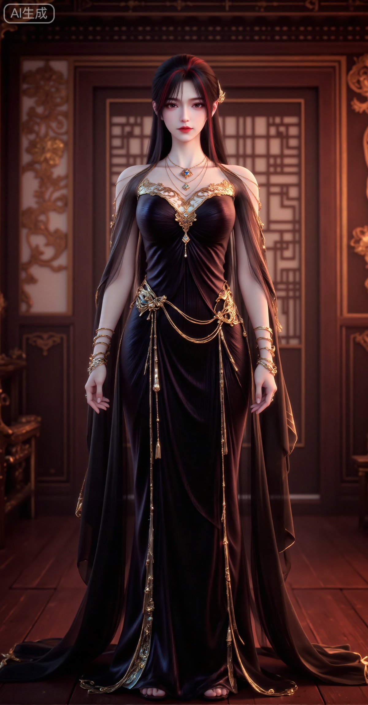masterpiece, best quality, ultra-detailed, 8K, photorealistic, A stunningly beautiful woman in traditional Chinese style wearing an elegant black gown with intricate golden embroidery and decorations. The form-fitting dress features a high collar and long sleeves, accented with a sheer shawl draped over her shoulders. She wears multiple layers of exquisite necklaces, bracelets, and other ornate accessories. Her hair is neatly styled with red highlights and adorned with delicate hair ornaments. She stands confidently in the center of the frame against a warm-toned wooden background featuring Chinese-style architectural elements like carved lattice windows and cloud pattern decorations. The composition is symmetrical and balanced, with a striking color contrast between the black gown and golden details. The atmosphere is mysterious and noble, evoking a xianxia or historical fantasy aesthetic. Soft, dramatic lighting, shallow depth of field, sharp focus on the intricate costume details and accessories, cinematic and majestic mood.,zxe