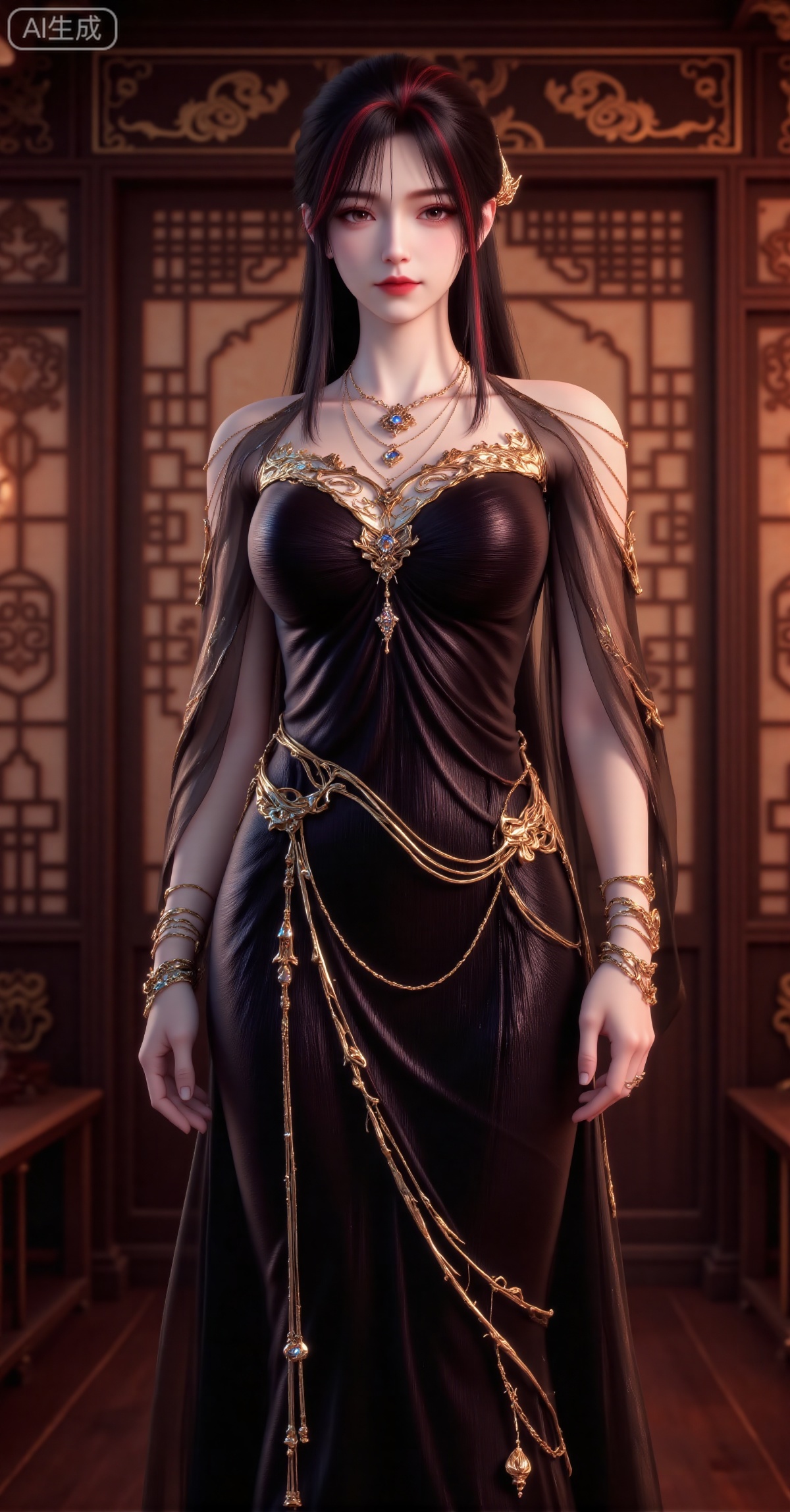 masterpiece, best quality, ultra-detailed, 8K, photorealistic, A stunningly beautiful woman in traditional Chinese style wearing an elegant black gown with intricate golden embroidery and decorations. The form-fitting dress features a high collar and long sleeves, accented with a sheer shawl draped over her shoulders. She wears multiple layers of exquisite necklaces, bracelets, and other ornate accessories. Her hair is neatly styled with red highlights and adorned with delicate hair ornaments. She stands confidently in the center of the frame against a warm-toned wooden background featuring Chinese-style architectural elements like carved lattice windows and cloud pattern decorations. The composition is symmetrical and balanced, with a striking color contrast between the black gown and golden details. The atmosphere is mysterious and noble, evoking a xianxia or historical fantasy aesthetic. Soft, dramatic lighting, shallow depth of field, sharp focus on the intricate costume details and accessories, cinematic and majestic mood.,zxe