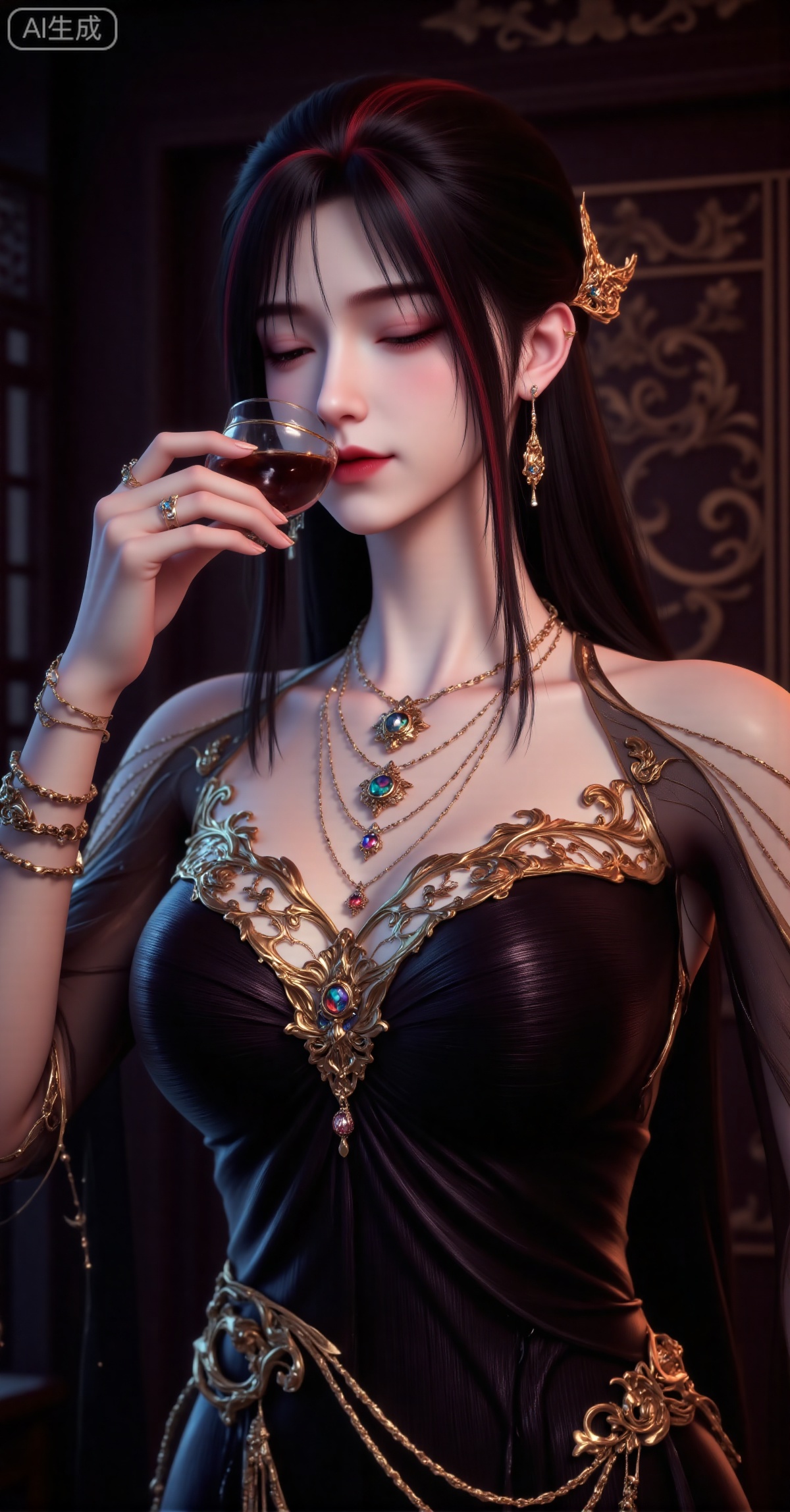 masterpiece, best quality, ultra-detailed, 8K, photorealistic, A stunningly beautiful woman in traditional Chinese style with long black hair interwoven with strands of red. Her eyes are closed in a serene expression as she gracefully holds a wine vessel to her lips, about to drink. She wears an elegant black gown adorned with intricate golden patterns and embroidery. Multiple layers of exquisite necklaces and bracelets adorn her neck and wrists. The background features a dark-toned Chinese-style wall with intricate patterned designs. The composition focuses intensely on the subject, highlighting her demeanor and opulent attire. The color palette creates a striking contrast between the deep background tones and the golden, red, and other bright accents of the costume and accessories, evoking a classical and mysterious atmosphere. Soft, dramatic lighting, shallow depth of field, sharp focus on the intricate details of the jewelry and garment patterns, cinematic and majestic mood, inspired by historical fantasy aesthetics.

