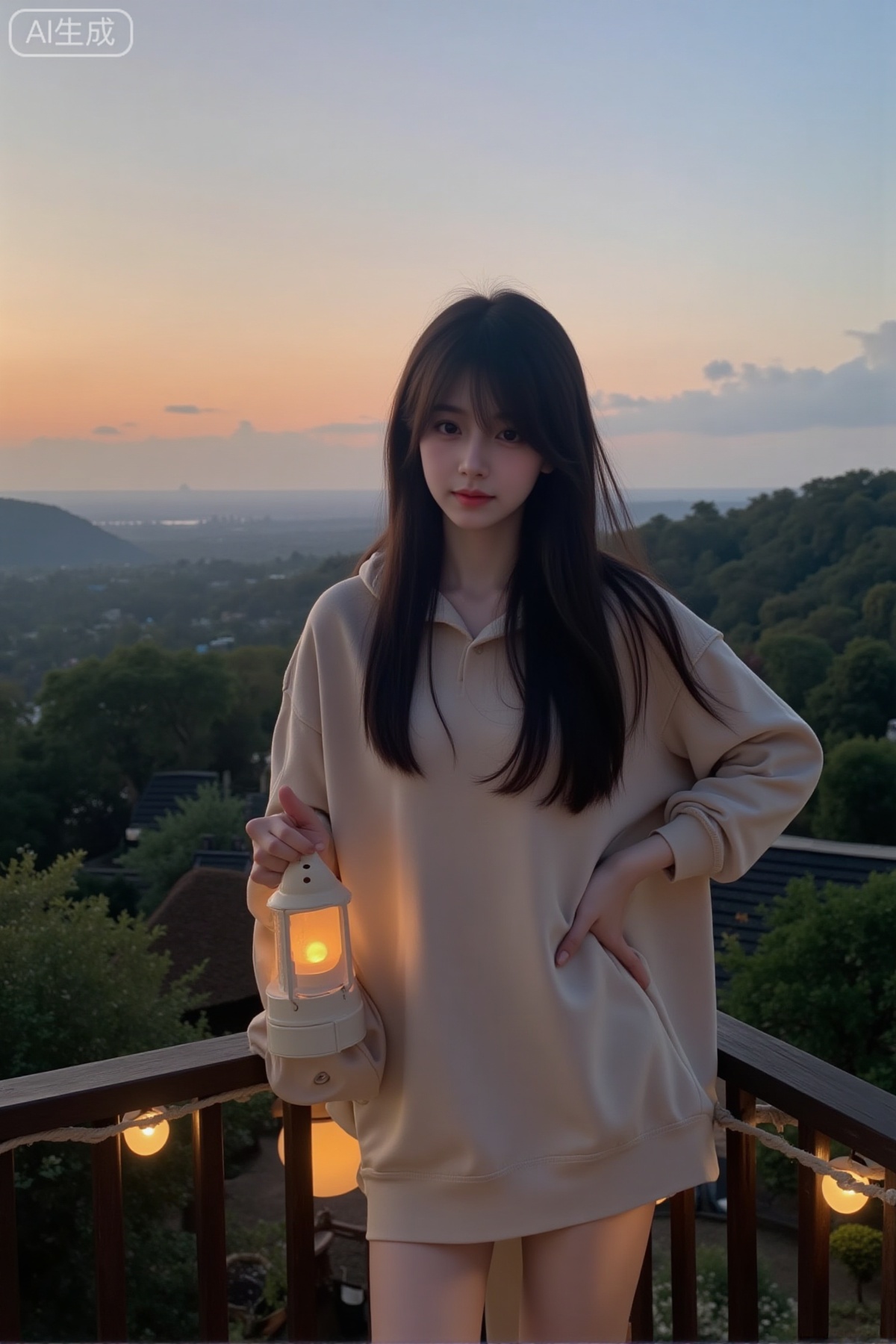 On the romantic balcony of the estate at dusk, a young Asian woman with long, straight black hair and a dreamy expression stands near the railing. Her hair is gently tousled by the evening breeze, adding a softness to her appearance. She is wearing a borrowed long hoodie in a soft beige, which enhances her delicate features. The hoodie is slightly open, revealing her long sleeves and a hint of her collarbone. Her posture is graceful as she leans against the railing, one hand holding a small lantern while the other rests on her hip. Her thighs are subtly visible, adding a sense of innocence and allure. The shot is taken from a front angle, capturing her full figure against the backdrop of the setting sun and the estate's lush gardens below, creating a magical, romantic atmosphere.