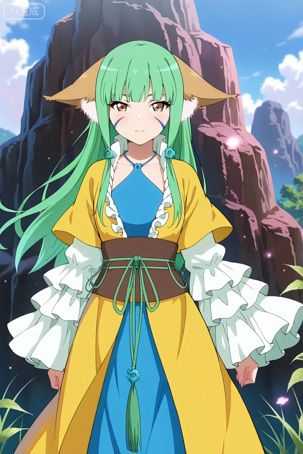 best quality,amazing quality,1girl, solo, brown eyes, green hair, facial mark, animal ears, yellow robe, frilled sleeves,  sash, blue dress,Fox ears,涂山容容,