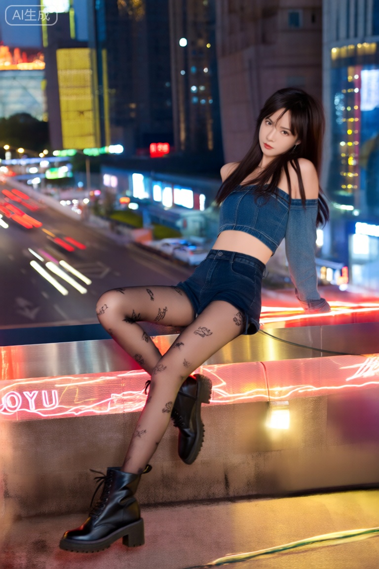 一位身材火辣的酷飒辣妹,坐在霓虹闪烁的屋顶边缘,牛仔式上半身构图。她身穿一件露脐短上衣和一条高腰热裤,一双大长腿随意地垂在百米高空之外,脚上穿着一双厚底马丁靴。她身体微微后仰,双手向后支撑,眼神自信又带点挑衅地直视镜头,身后是模糊的都市霓虹与车流光轨。

**镜头参数：** 抖音夜拍广角镜头,等效35mm焦距,f/2.0光圈。利用广角镜头略微拉长腿部线条,同时捕捉更多城市夜景。高ISO 1600,快门速度1/50s,保留夜景氛围和光轨效果。

**画质与风格：** 画面充满动感与科技感,色彩对比强烈。突出表现健康的小麦色肌肤、服装的街头感和夜景的迷离。风格又酷又飒,视觉冲击力十足。精致高跟鞋,嗨丝,印花丝袜,连裤袜,luoyu