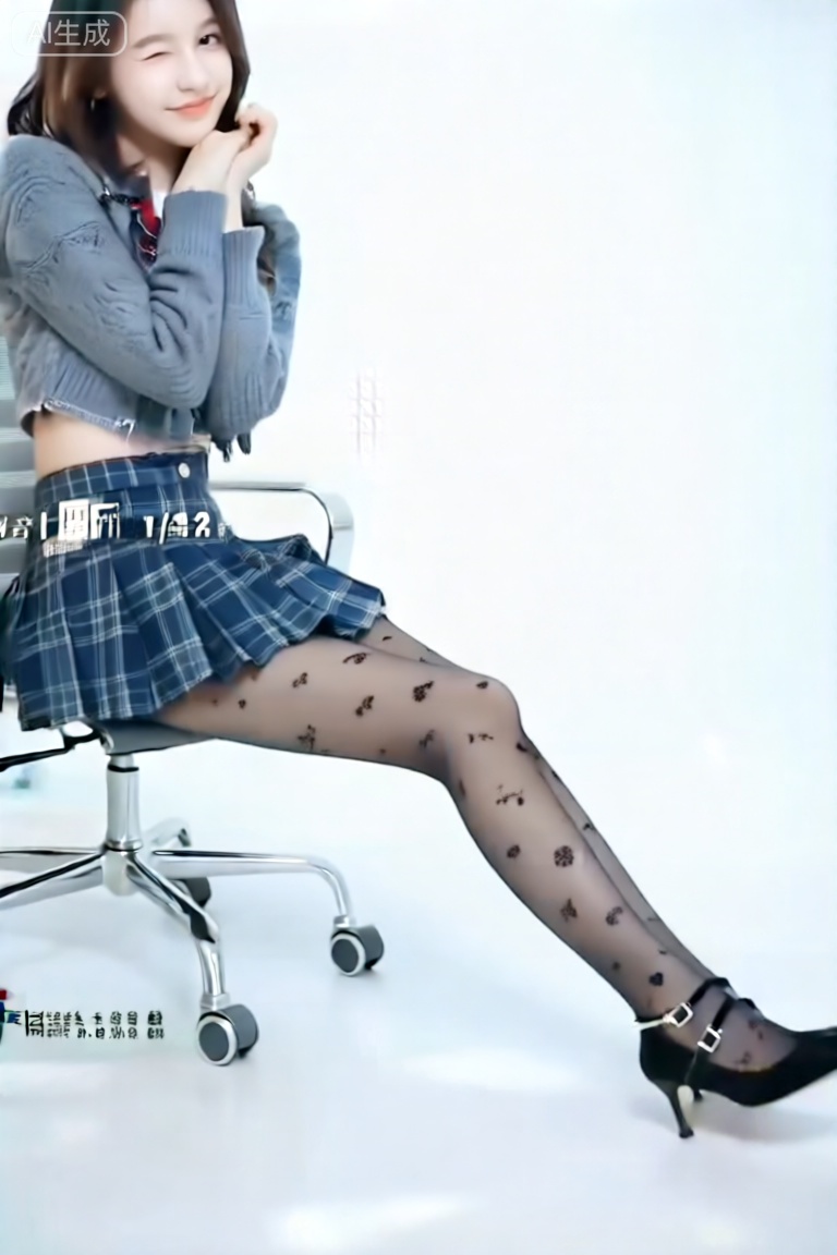 一位时髦俏皮的白领女孩,反坐在一把人体工学椅上,牛仔式上半身构图。她身穿一件灰色短款针织开衫和一条格纹百褶短裙,展现青春活力。她双手交叉搭在椅背上,下巴轻轻靠在手背上,一条腿弯曲,另一条腿向前伸展,秀出穿着黑色玛丽珍高跟鞋的脚踝。她对着镜头眨了一只眼,露出俏皮又略带挑衅的笑容。

**镜头参数：** 抖音日常感镜头,使用等效35mm f/1.8镜头拍摄,f/2.0光圈。采用办公室均匀的灯光,画面明亮清新。ISO 500,快门速度1/100s。

**画质与风格：** 画质清新自然,色彩活泼。突出表现针织衫的纹理、格纹图案的细节和俏皮的表情。风格轻松又时髦,打破办公室沉闷感。,嗨丝,印花丝袜,eluosi