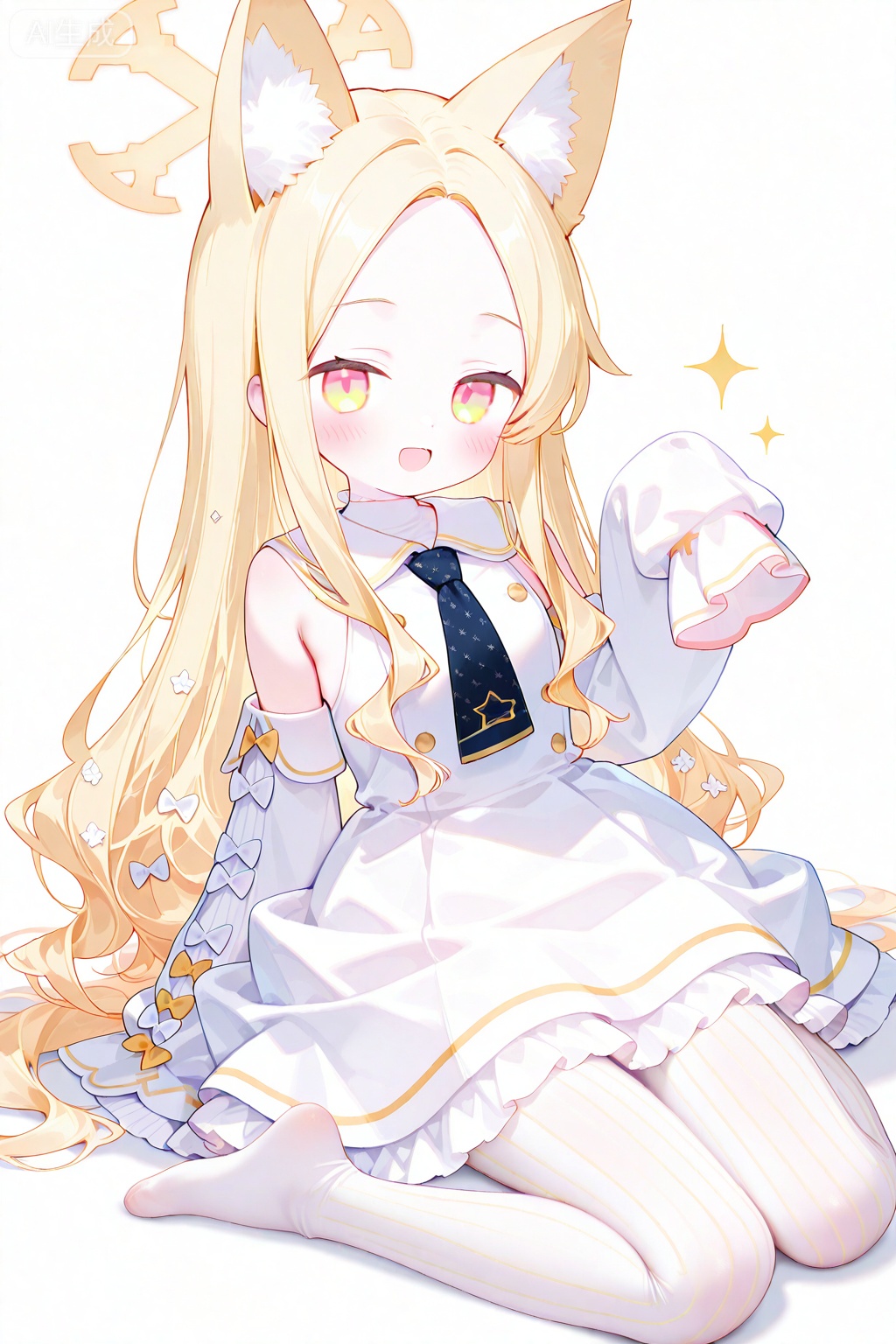 blue archive, seia \(blue archive\), 1girl, animal ear fluff, animal ears, blonde hair, blush, bow, cross halo, detached sleeves, dress, forehead, fox ears, fox girl, full body, halo, hand up, long hair, looking at viewer, messy hair, multicolored eyes, necktie, no shoes, open mouth, pantyhose, petticoat, pink eyes, simple background, single ear down, sitting, sleeveless, sleeveless dress, sleeves past fingers, sleeves past wrists, smile, solo, striped clothes, striped pantyhose, two-tone eyes, vertical-striped clothes, vertical-striped pantyhose, wariza, white background, white bow, white dress, white pantyhose, yellow bow, yellow eyes, yellow halo

