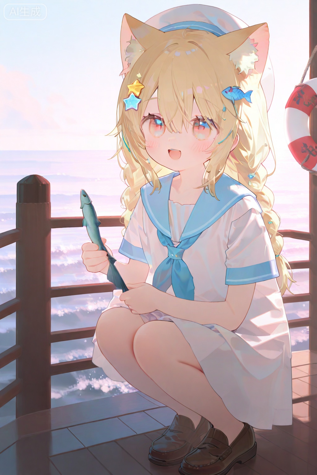 1girl, :d, animal ear fluff, animal ears, blonde hair, blue neckerchief, blue sailor collar, blue sky, blush, braid, brown shoes, cat ears, cat girl, cloud, day, dress, fish hair ornament, hair between eyes, hair ornament, hat, holding, lifebuoy hair ornament, long hair, looking at viewer, mismatched pupils, neckerchief, ocean, open mouth, outdoors, pink eyes, sailor collar, sailor dress, shoes, short sleeves, sky, smile, solo, squatting, star-shaped pupils, star \(symbol\), star hair ornament, symbol-shaped pupils, twin braids, white dress, white hat