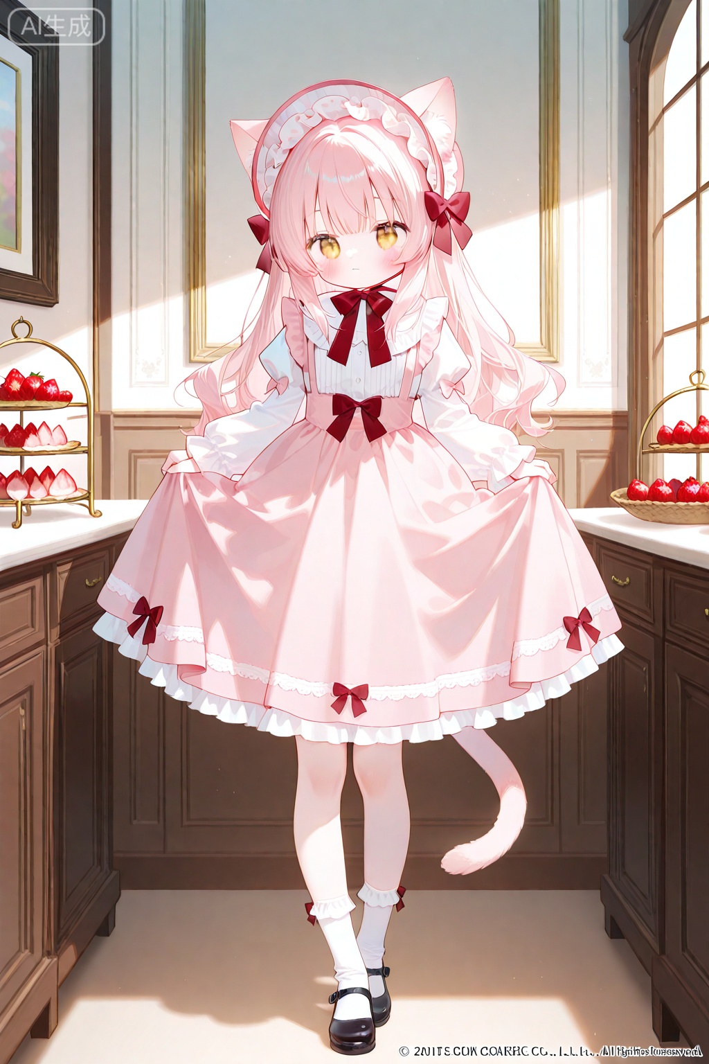 1girl, animal ear fluff, animal ears, black shoes, blush, bonnet, bow, bow legwear, cat ears, cat girl, cat tail, closed mouth, food, frilled skirt, frills, fruit, full body, juliet sleeves, long hair, long sleeves, looking at viewer, mary janes, pink bonnet, pink hair, pink skirt, puffy sleeves, red bow, shirt, shoes, skirt, skirt hold, socks, solo, standing, strawberry, tail, watermark, white shirt, white socks, yellow eyes
