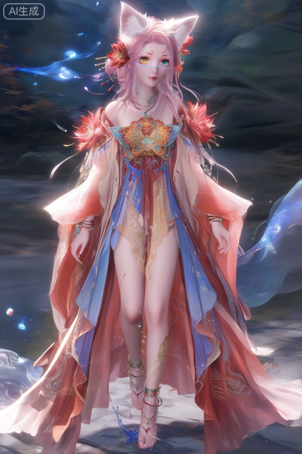 masterpiece, best quality, masterpiece,best quality,official art,extremely detailed CG unity 8k wallpaper,1girl,solo,looking at viewer,long hair,blue eyes,hair ornament,animal ears,bare shoulders,wide sleeves,jewelry,yellow eyes,pink hair,flower,parted lips,hair flower,necklace,animal ear fluff,see-through,fox ears,heterochromia,facial mark,veil,facing viewer,faceoff,(full body:1.2),wrist,hands,barefoot,delicate feet,dainty feet,walking on liquid,White and blue theme,white background,legs,wind,maple leaf,hands,(wrists:1.3),fingers,beckoning,bracelet