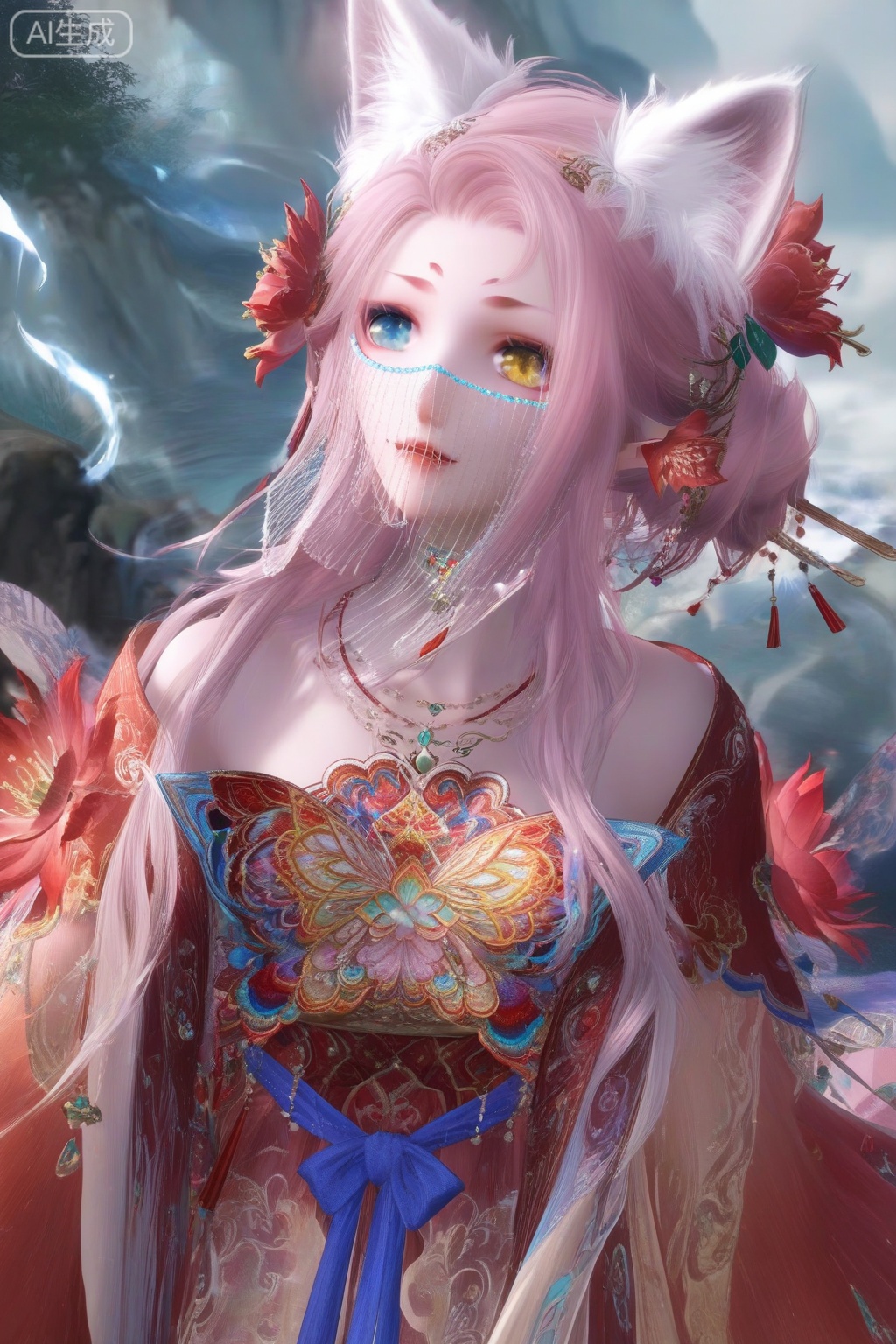 masterpiece, best quality, masterpiece,best quality,official art,extremely detailed CG unity 8k wallpaper,1girl,solo,looking at viewer,long hair,blue eyes,hair ornament,animal ears,bare shoulders,wide sleeves,jewelry,yellow eyes,pink hair,flower,parted lips,hair flower,necklace,animal ear fluff,see-through,fox ears,heterochromia,facial mark,veil,facing viewer,faceoff,wind,