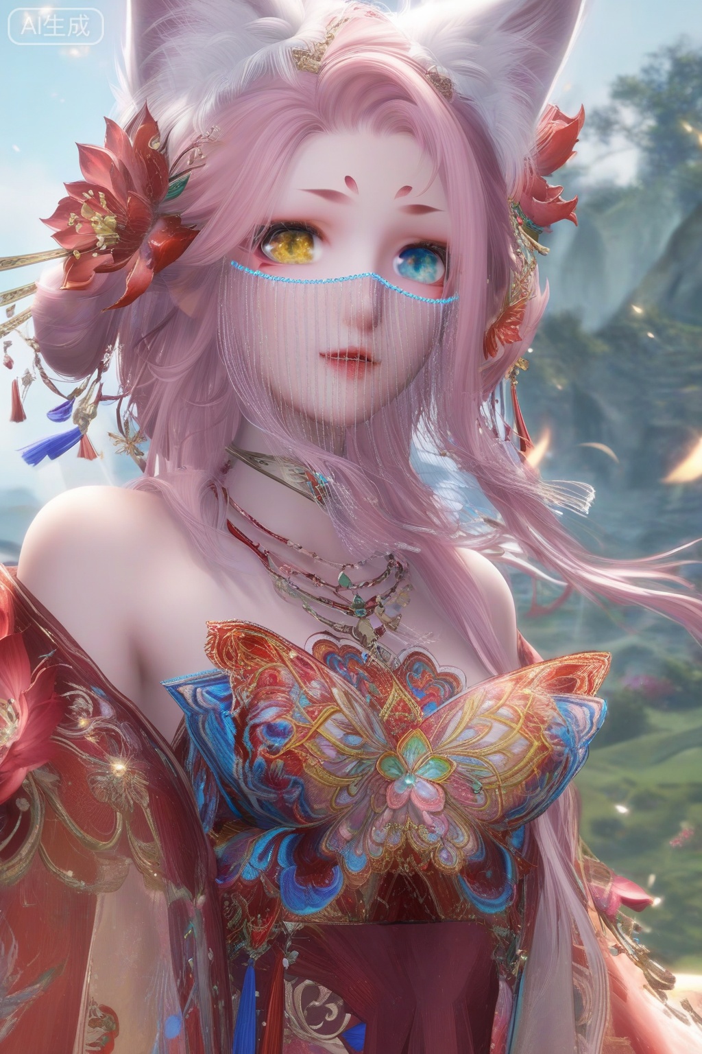 masterpiece, best quality, masterpiece,best quality,official art,extremely detailed CG unity 8k wallpaper,1girl,solo,looking at viewer,long hair,blue eyes,hair ornament,animal ears,bare shoulders,wide sleeves,jewelry,yellow eyes,pink hair,flower,parted lips,hair flower,necklace,animal ear fluff,see-through,fox ears,heterochromia,facial mark,veil,facing viewer,faceoff,wind,(bare shoulders:1.3)