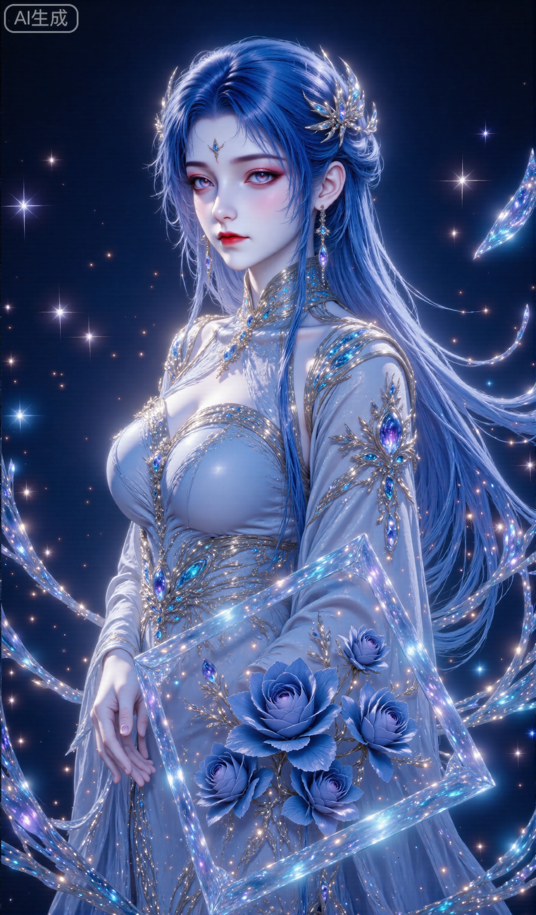 8K 3D rendering masterpiece · 16K PBR material · Movie-grade volumetric light · Anatomical accuracy
Role:
- Single female (accounting for 85% of the picture)
- Blue hair (12k polygonal hair, 30% braided style)
- Hair accessories (6 crystal decorations, refractive index 1.55)
- Makeup: - Lips (matte red, roughness 0.3, highlight 0.7) - Eyes (purple iris texture, corneal moisture 85%)
- Clothing: Blue and white clothes
Pose: Rely
Background: On a black background, there is a transparent envelope with dark blue roses inside the envelope, and the flowers are full and beautiful. A large number of twinkling stars, fine sequins and crystal-like decorations are dotted around, emitting a brilliant light as a whole. The style is a fantastic and gorgeous fairy tale style
 Rendering:
- Ray tracing (16 samples per pixel)
- Global Lighting (2 million photons)
- Skin shader (5 layers of material)
- Fabric physical effects (simulated using Marvelous Designer) XtangwutongXnb,Tang Wutong