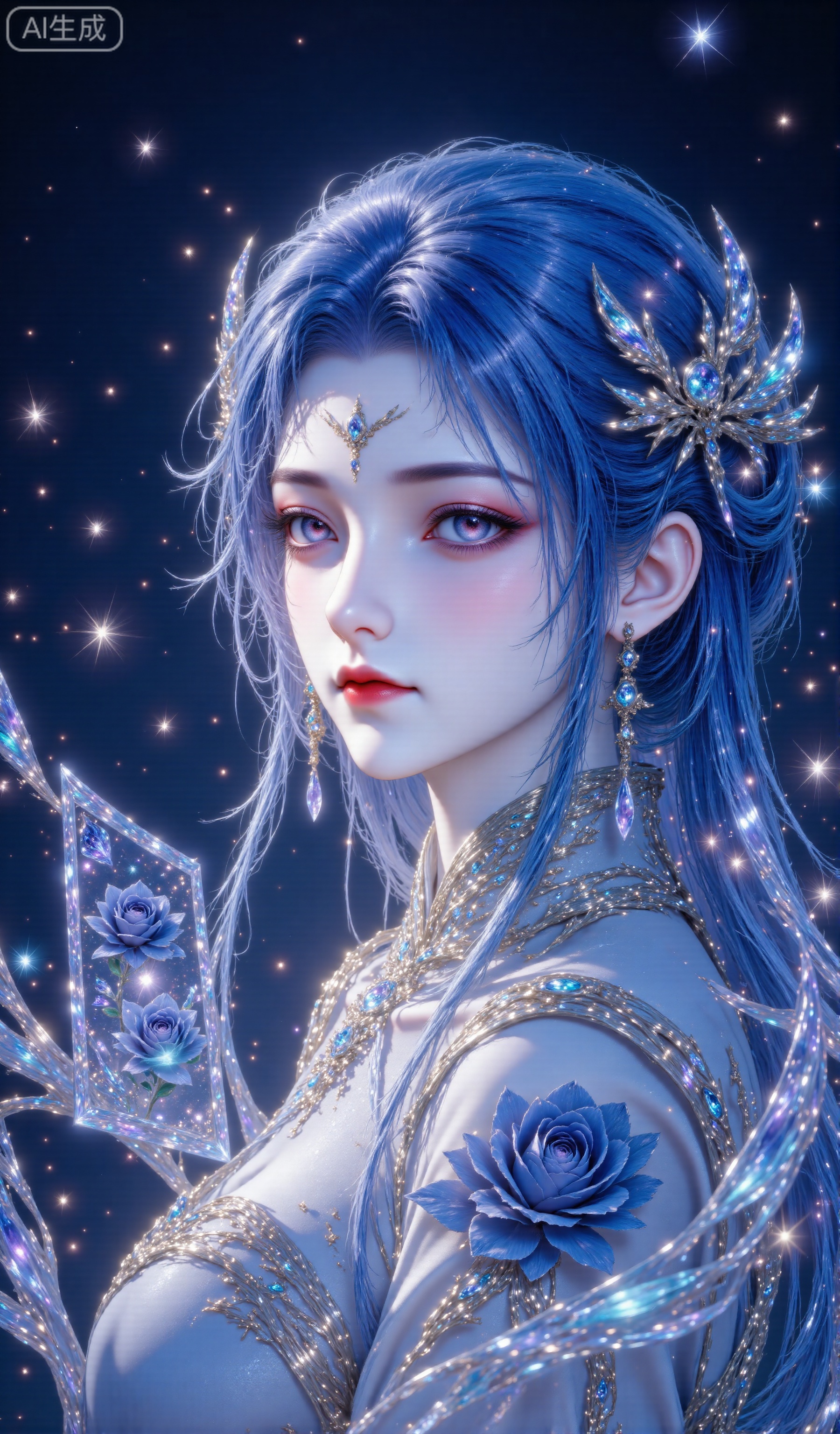 8K 3D rendering masterpiece · 16K PBR material · Movie-grade volumetric light · Anatomical accuracy
Role:
- Single female (accounting for 85% of the picture)
- Blue hair (12k polygonal hair, 30% braided style)
- Hair accessories (6 crystal decorations, refractive index 1.55)
- Makeup: - Lips (matte red, roughness 0.3, highlight 0.7) - Eyes (purple iris texture, corneal moisture 85%)
- Clothing: Blue and white clothes
Pose: Rely
Background: On a black background, there is a transparent envelope with dark blue roses inside the envelope, and the flowers are full and beautiful. A large number of twinkling stars, fine sequins and crystal-like decorations are dotted around, emitting a brilliant light as a whole. The style is a fantastic and gorgeous fairy tale style
 Rendering:
- Ray tracing (16 samples per pixel)
- Global Lighting (2 million photons)
- Skin shader (5 layers of material)
- Fabric physical effects (simulated using Marvelous Designer) XtangwutongXnb,Tang Wutong