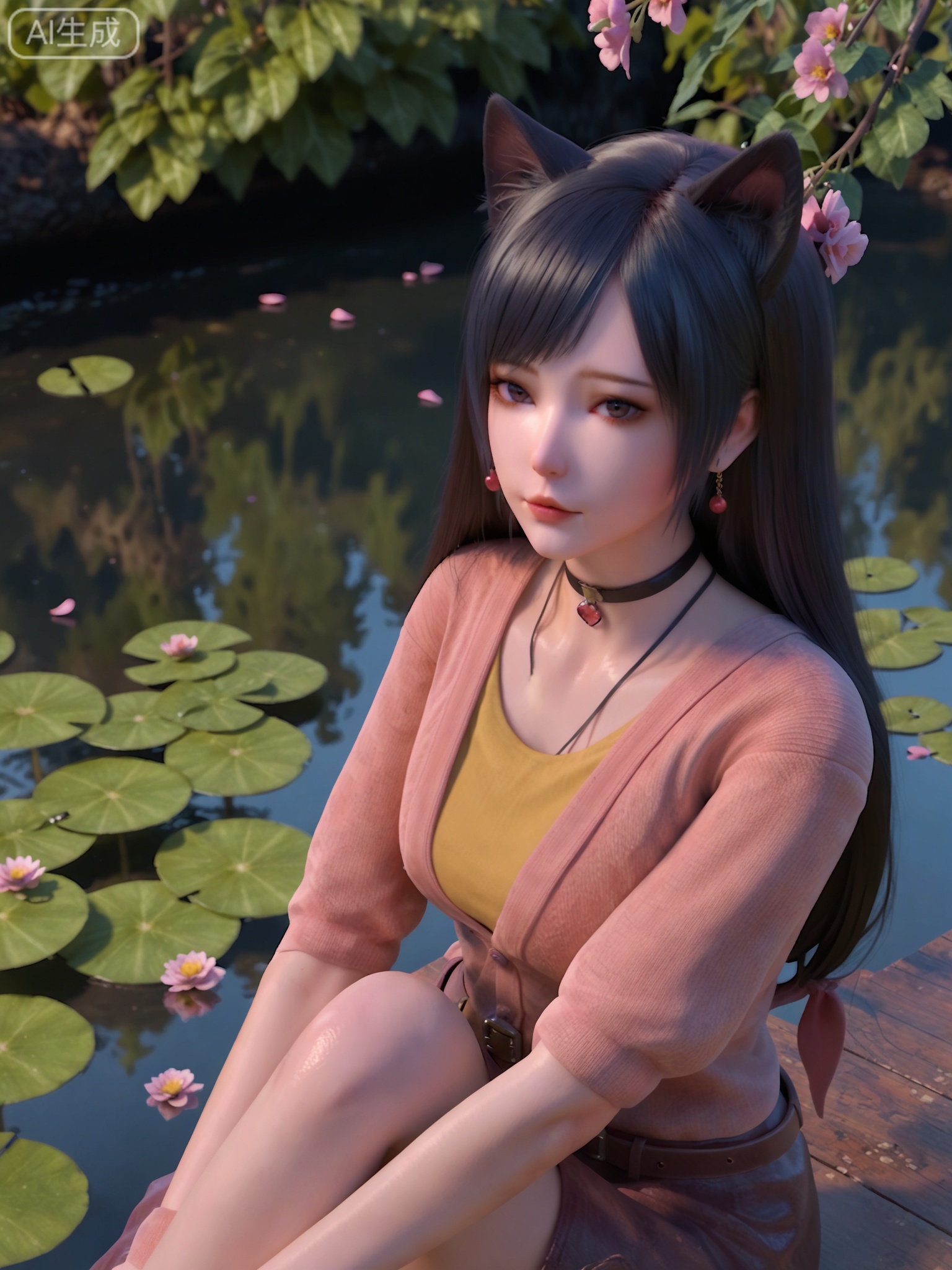 score_9,score_8_up,score_7_up,realistic,photorealistic,1girl,solo,looking_at_viewer,realistic,1girl,Vivid Colors,bright environment,delicate water,hair_ornament,shiny skin,shiny hair,reflection,flower sea,falling petals,extreme detail description,(full body:0.3),black hair,(skindentation:1.3),bright,sunshine on face,light,sitting_down,reflection,leg slimming,lose weight,slim hips,hair ornament,,black hair,choker,geen eyes,rbangs,cat ears,choker,skirt,belt,