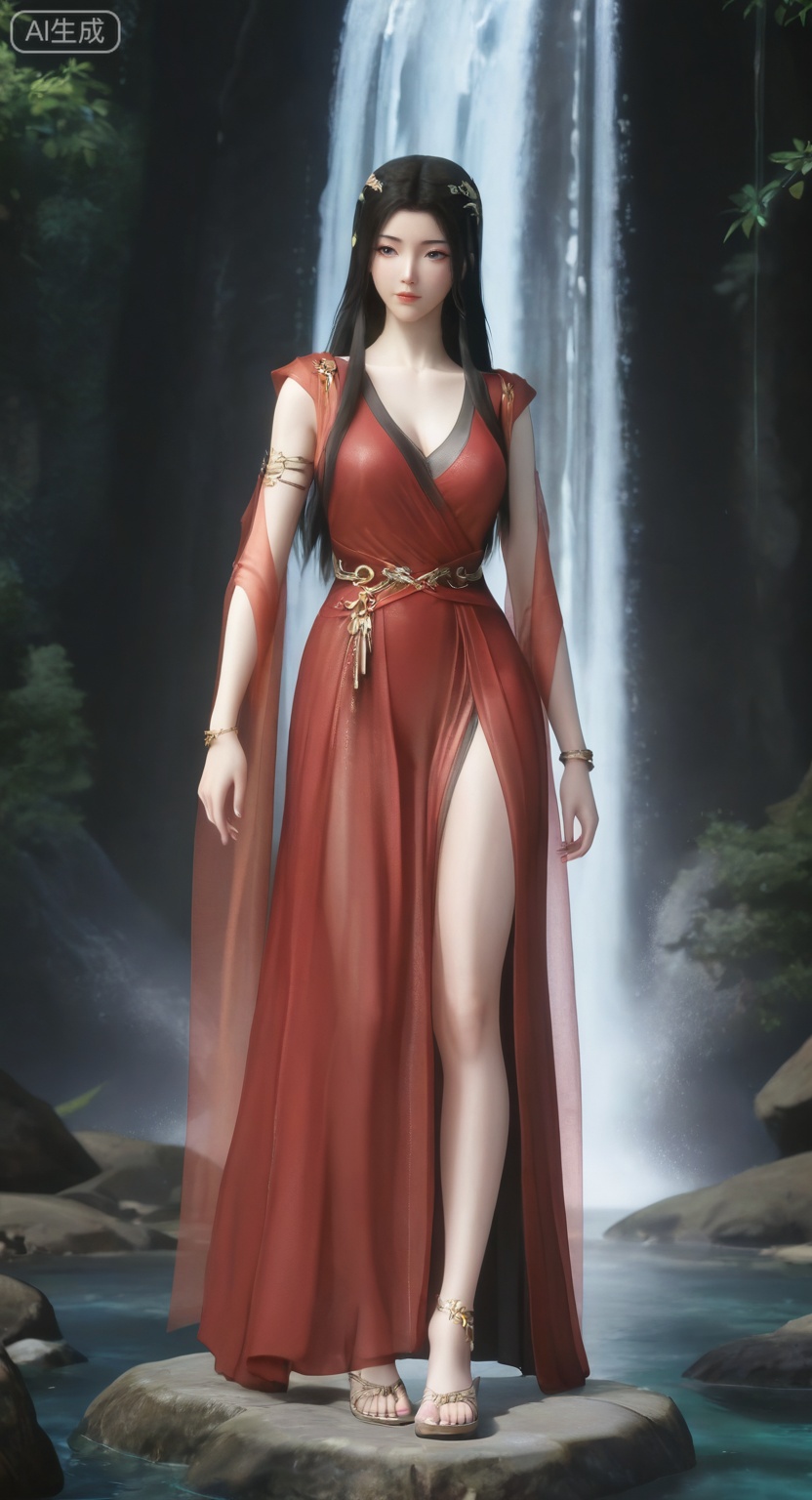 Yuan Yao,1girl, solo, long hair, black hair, hair ornament, full body, bracelet, red dress, waterfall,realistic ,
3d \(artwork\),

Masterpiece, best quality, amazing quality, newest, very aesthetic, absurdres, (scenery:1.4), 8k, good anatomy, good shading, ultra detailed, refined details, high resolution, HD, masterwork,high detail ,Exquisite beauty, charming, 3D rendering,illustration,CG,long hair,Round face:1.4,realistic,Yuan Yao